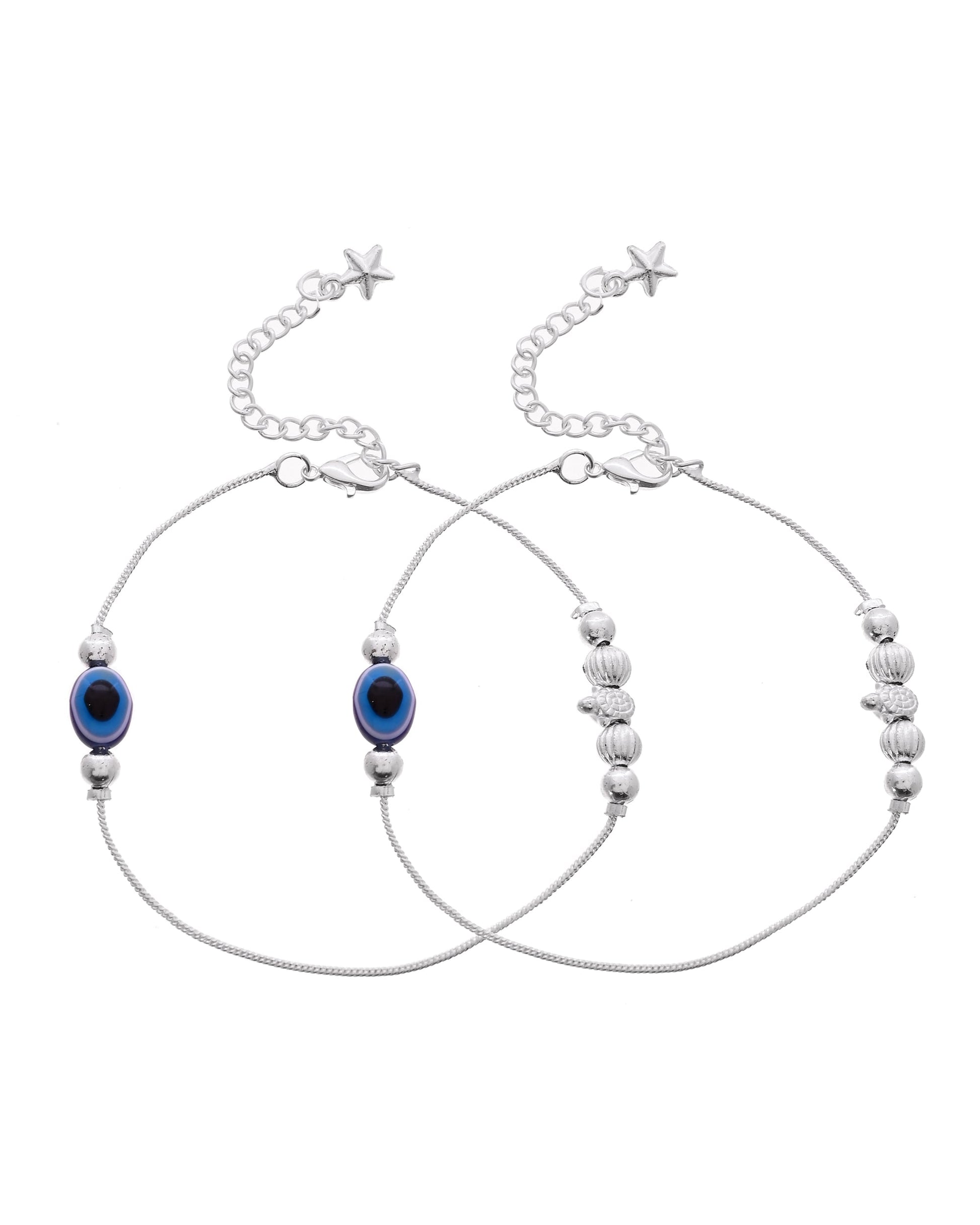 VOJ Set Of 2 Silver Plated Evil Eye Beads Anklet  Grab2Buy VOJ Grab2Buy
