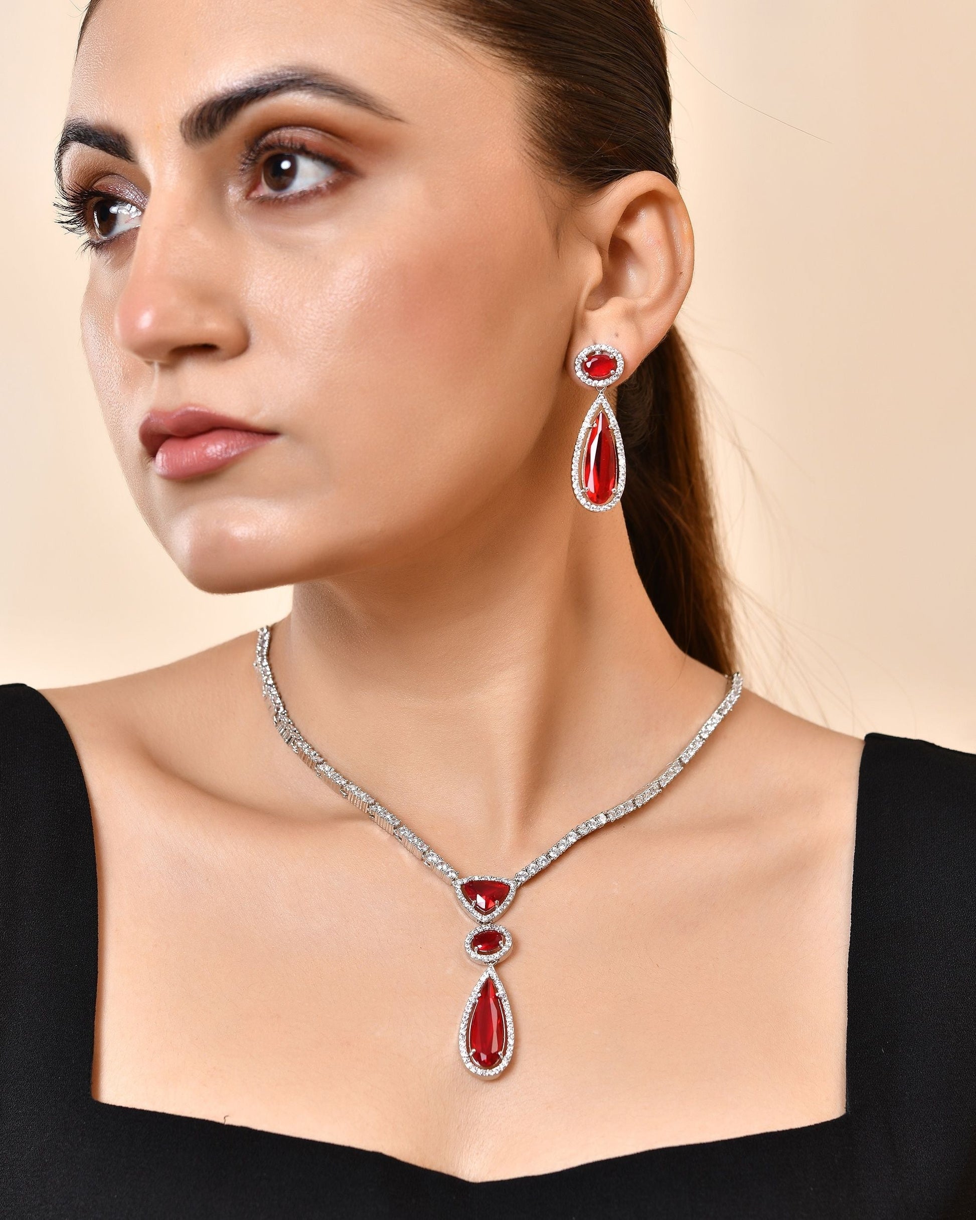 VOJ Silver-Plated Ad & Ruby Red Cubic Zirconia Studded Jewellery Set  Grab2Buy VOJ Grab2Buy