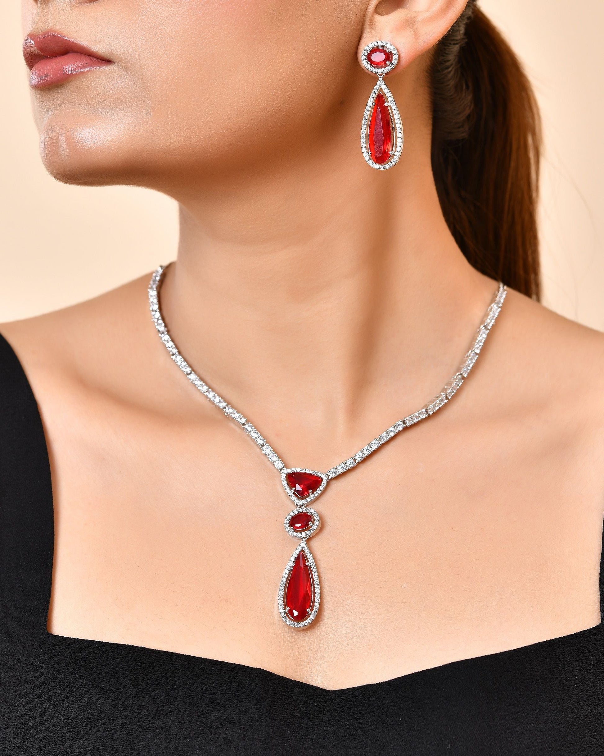 VOJ Silver-Plated Ad & Ruby Red Cubic Zirconia Studded Jewellery Set  Grab2Buy VOJ Grab2Buy