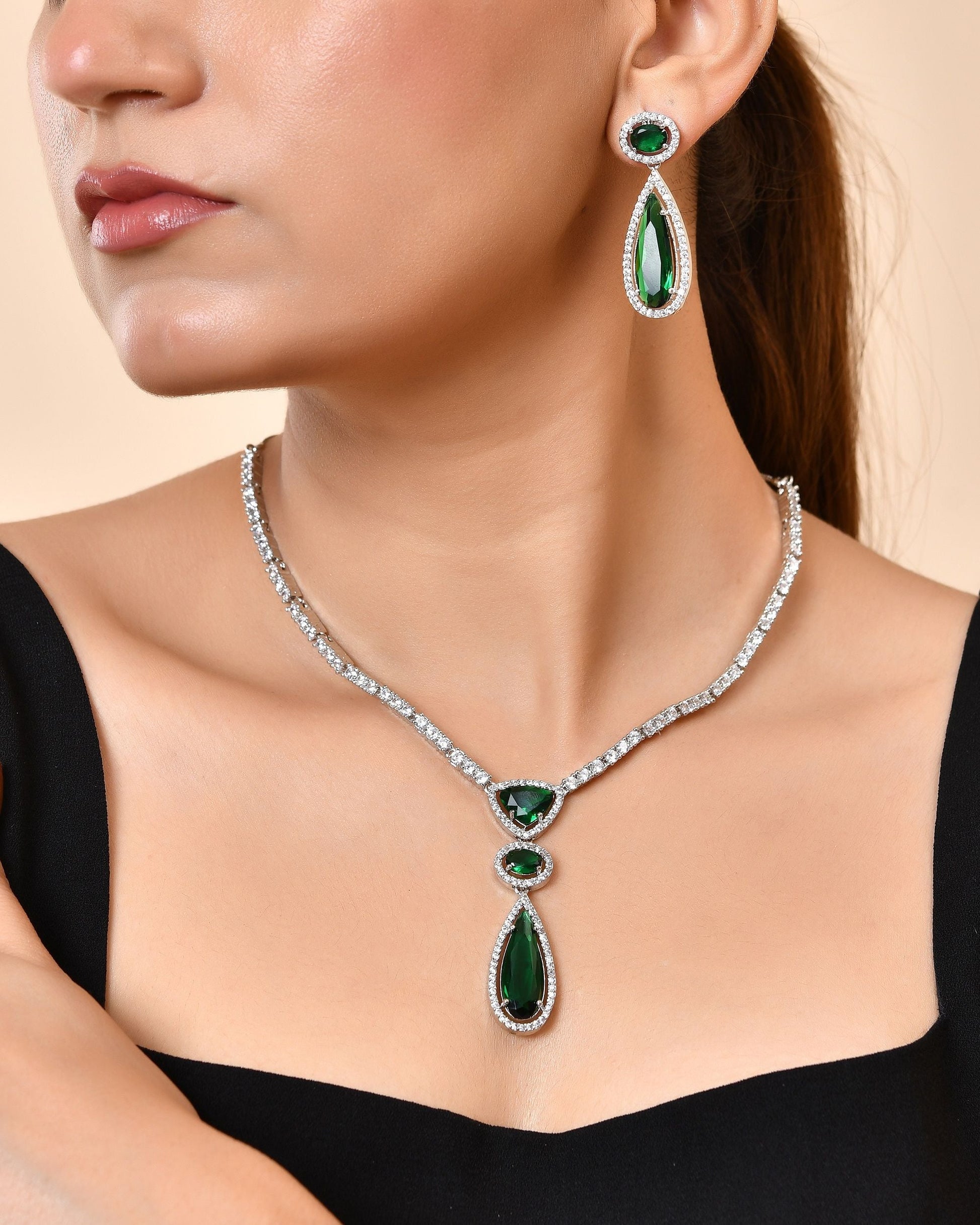 VOJ Silver-Plated Ad & Green Cubic Zirconia Studded Jewellery Set  Grab2Buy VOJ Grab2Buy