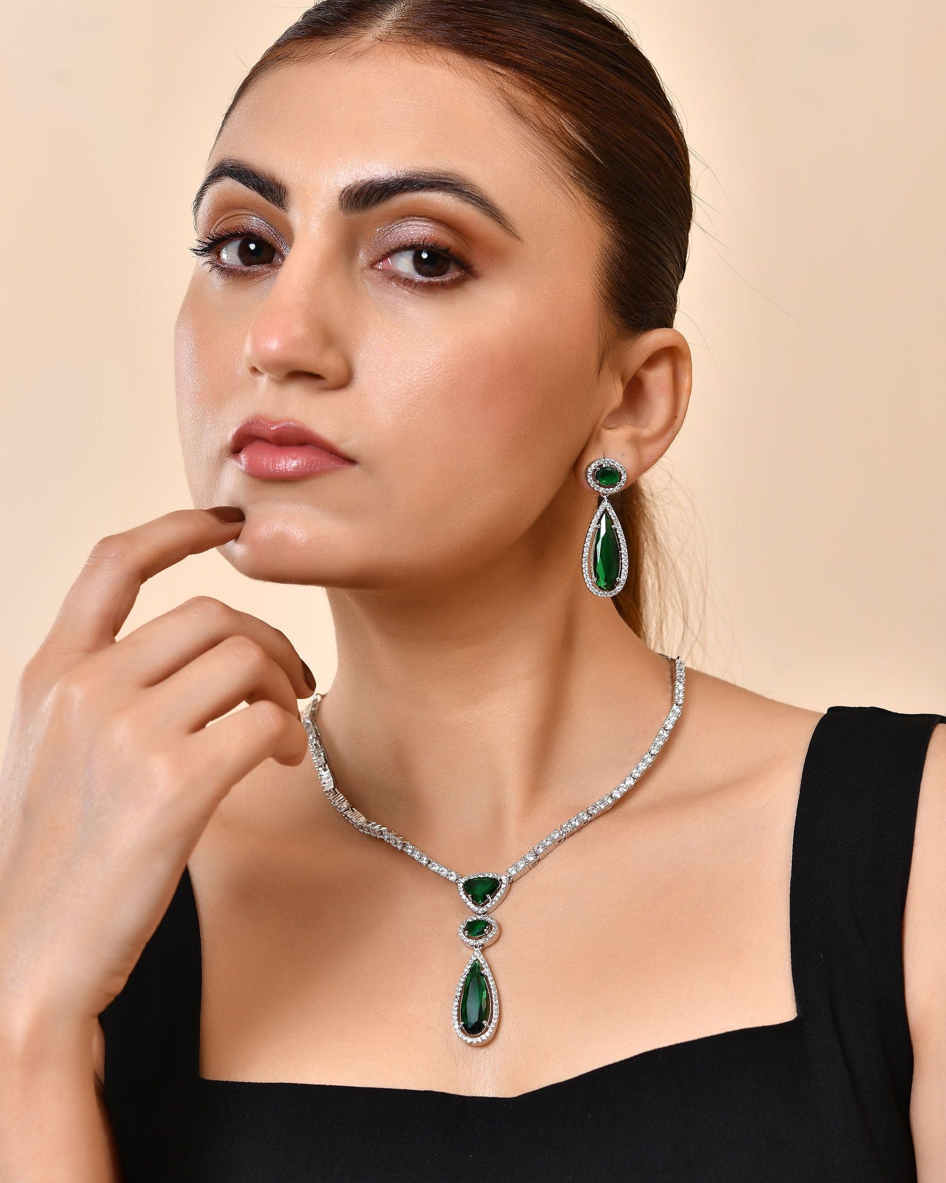 VOJ Silver-Plated Ad & Green Cubic Zirconia Studded Jewellery Set  Grab2Buy VOJ Grab2Buy