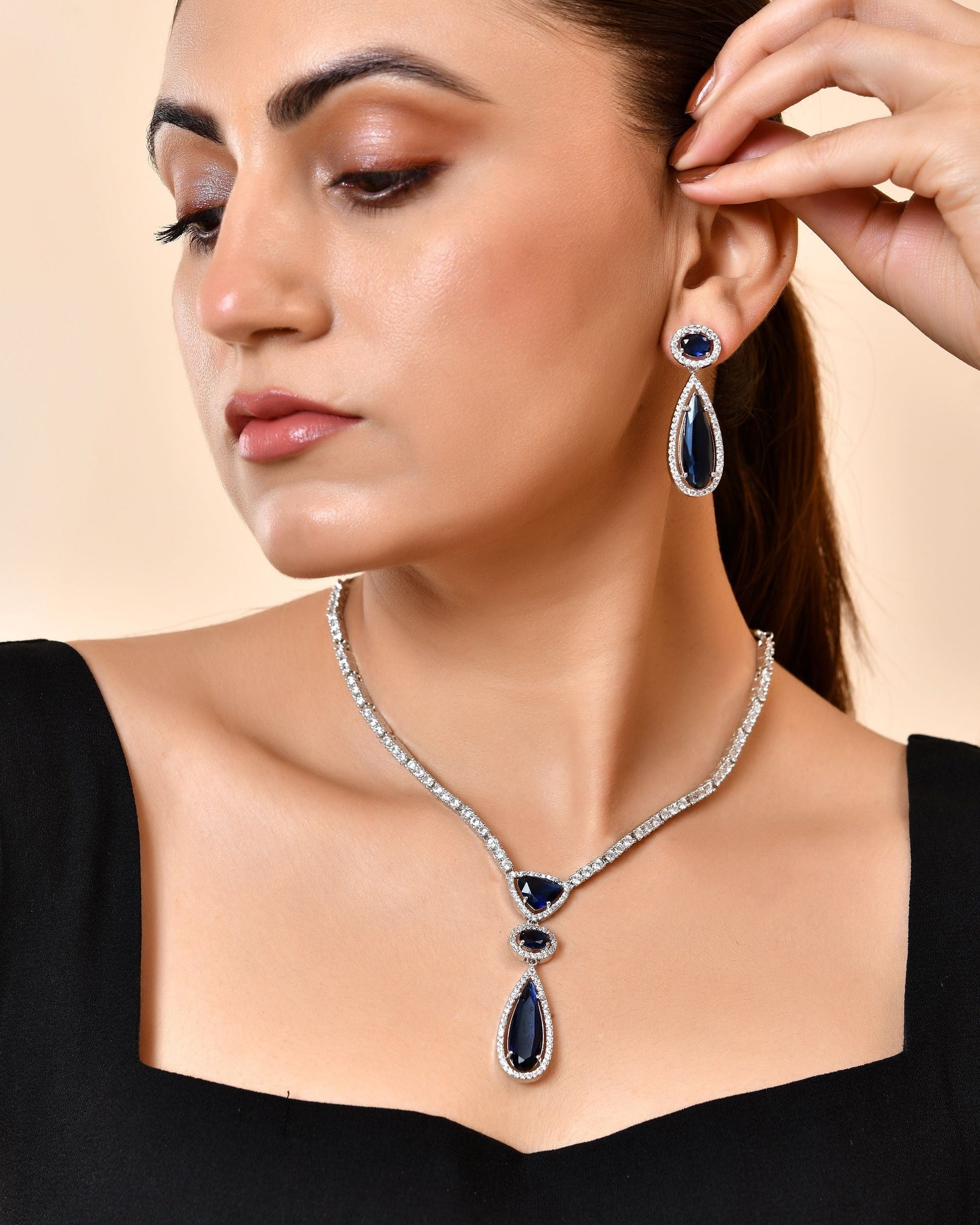 VOJ Silver-Plated Ad & Blue Cubic Zirconia Studded Jewellery Set  Grab2Buy VOJ Grab2Buy