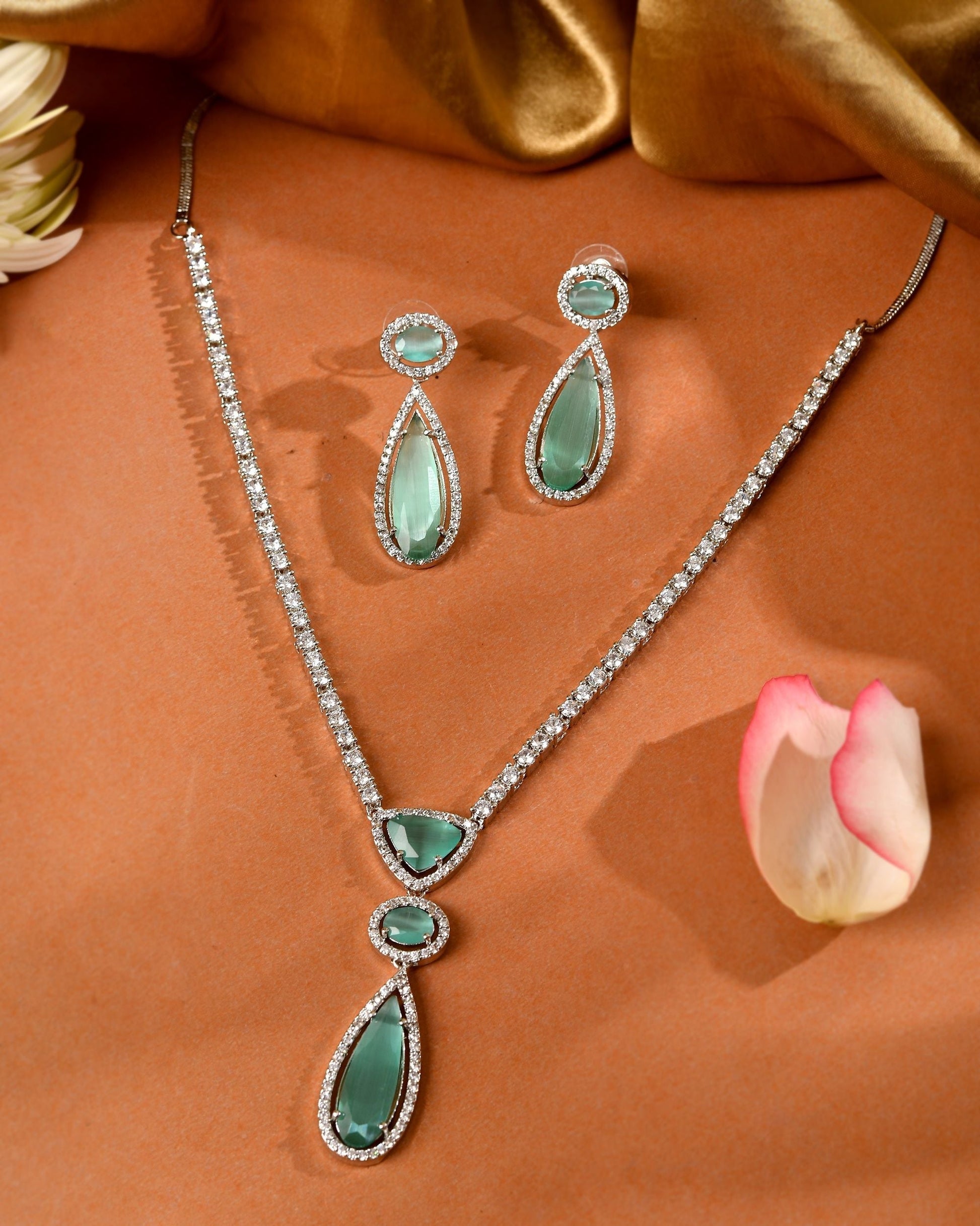 VOJ Silver-Plated Ad & Teal Green Cubic Zirconia Studded Jewellery Set  Grab2Buy VOJ Grab2Buy