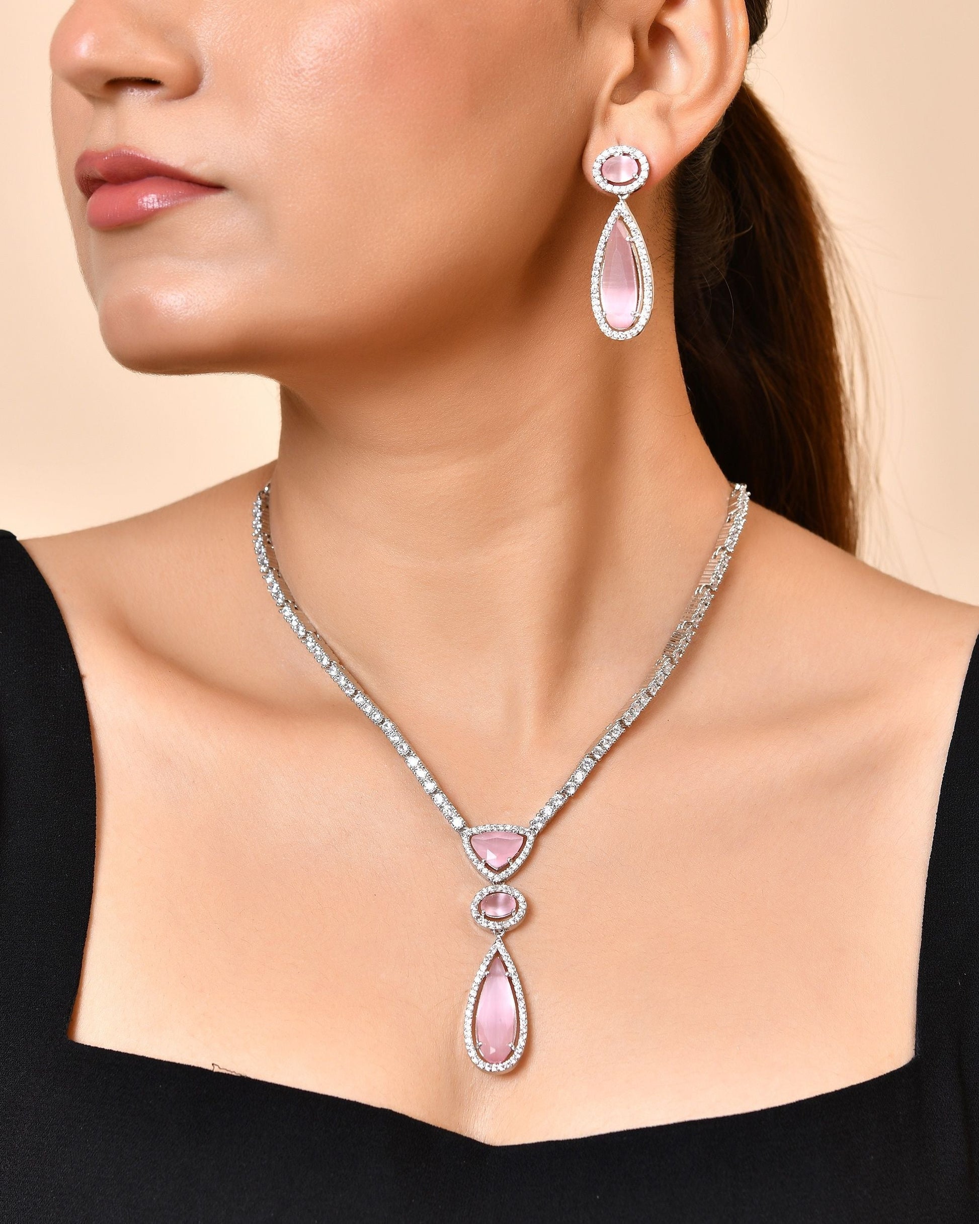 VOJ Silver-Plated Ad & Baby Pink Cubic Zirconia Studded Jewellery Set  Grab2Buy VOJ Grab2Buy