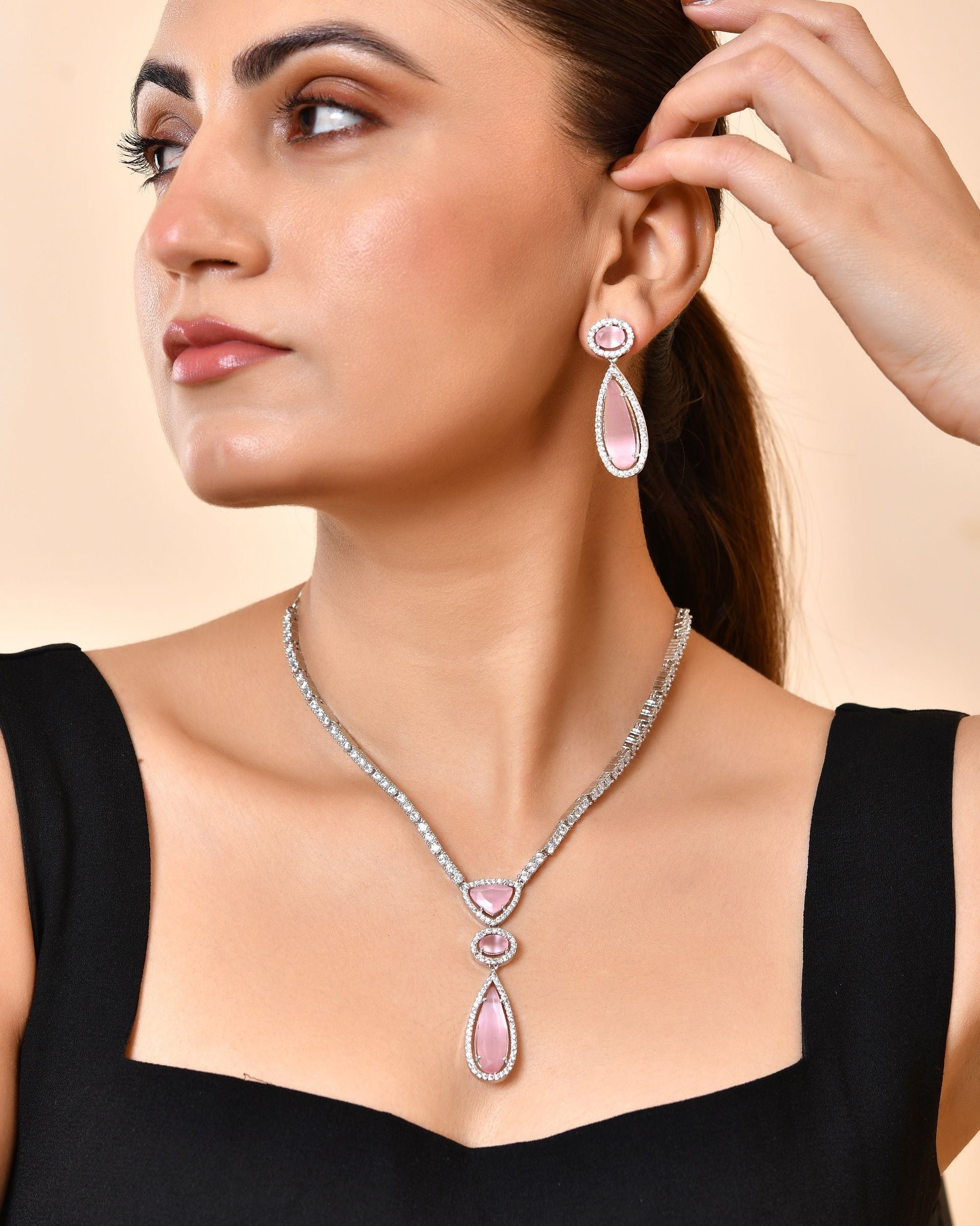 VOJ Silver-Plated Ad & Baby Pink Cubic Zirconia Studded Jewellery Set  Grab2Buy VOJ Grab2Buy