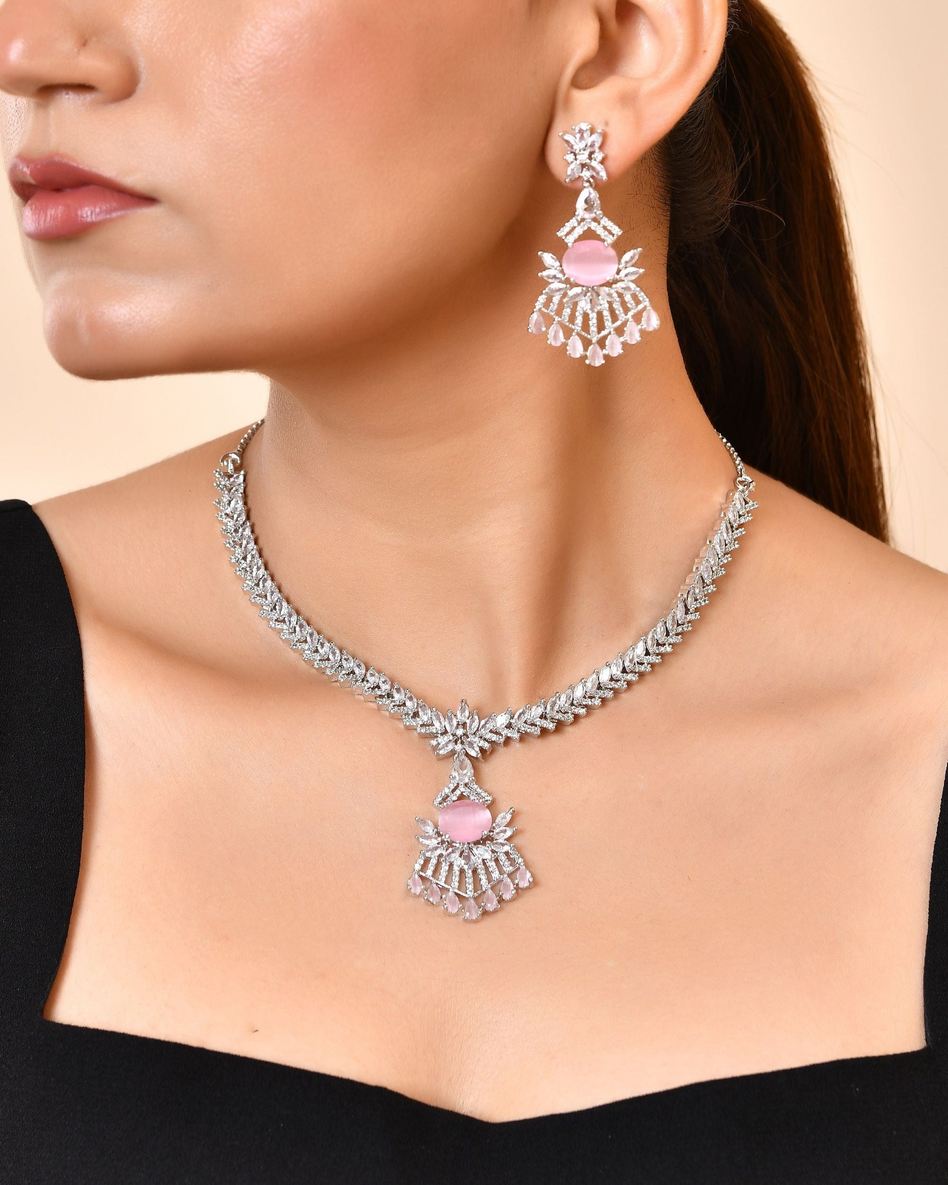 VOJ Silver Toned Cz Stone Studded Baby Pink Jewellery Set  Grab2Buy VOJ Grab2Buy