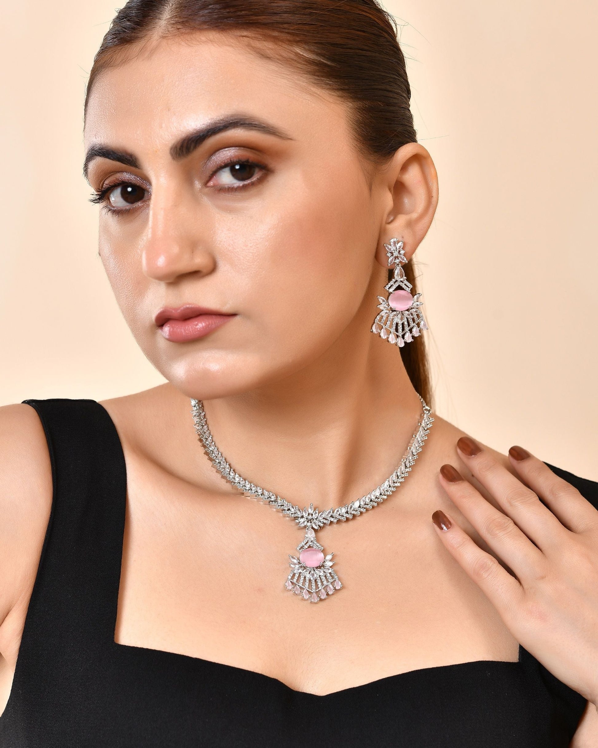 VOJ Silver Toned Cz Stone Studded Baby Pink Jewellery Set  Grab2Buy VOJ Grab2Buy
