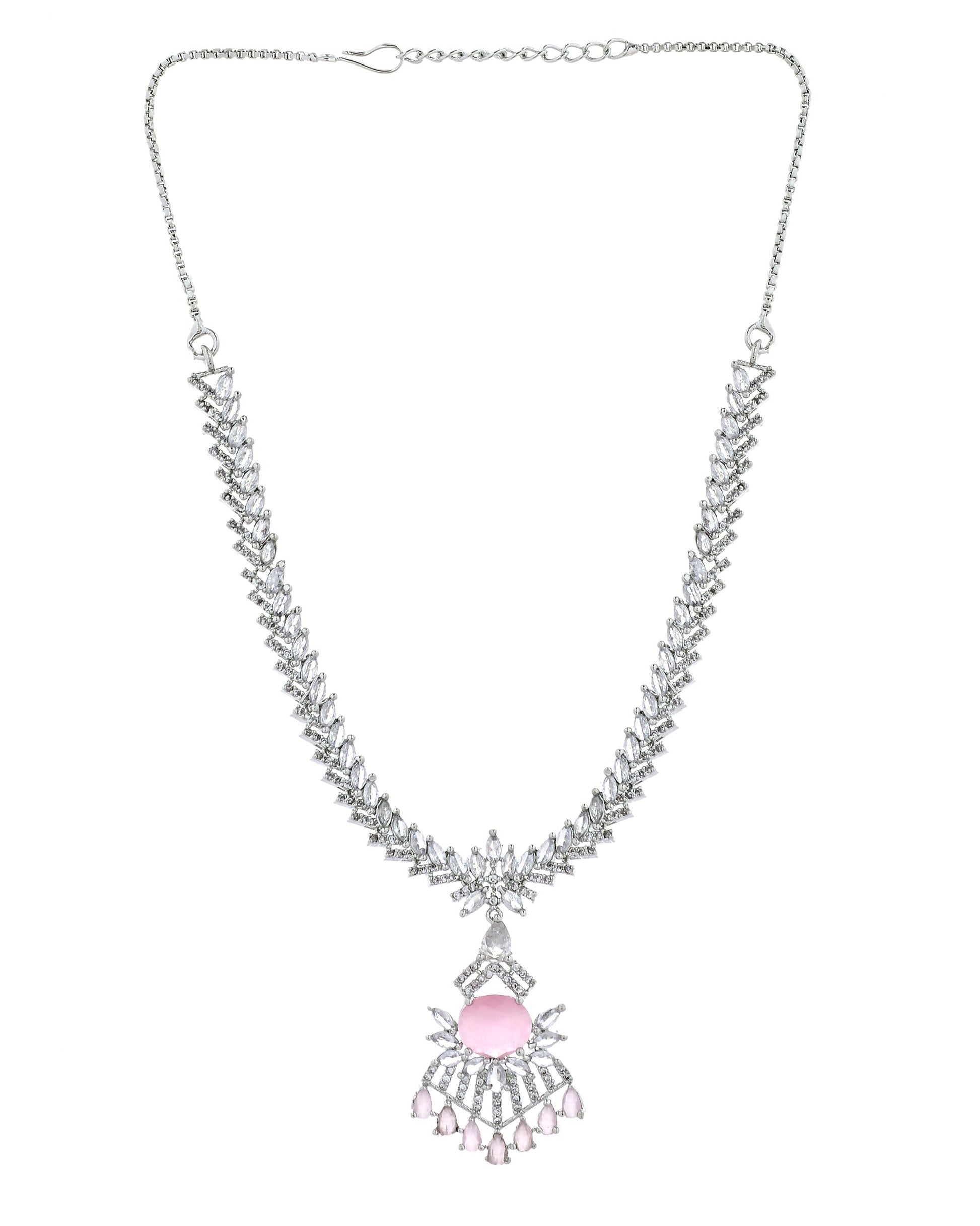VOJ Silver Toned Cz Stone Studded Baby Pink Jewellery Set  Grab2Buy VOJ Grab2Buy