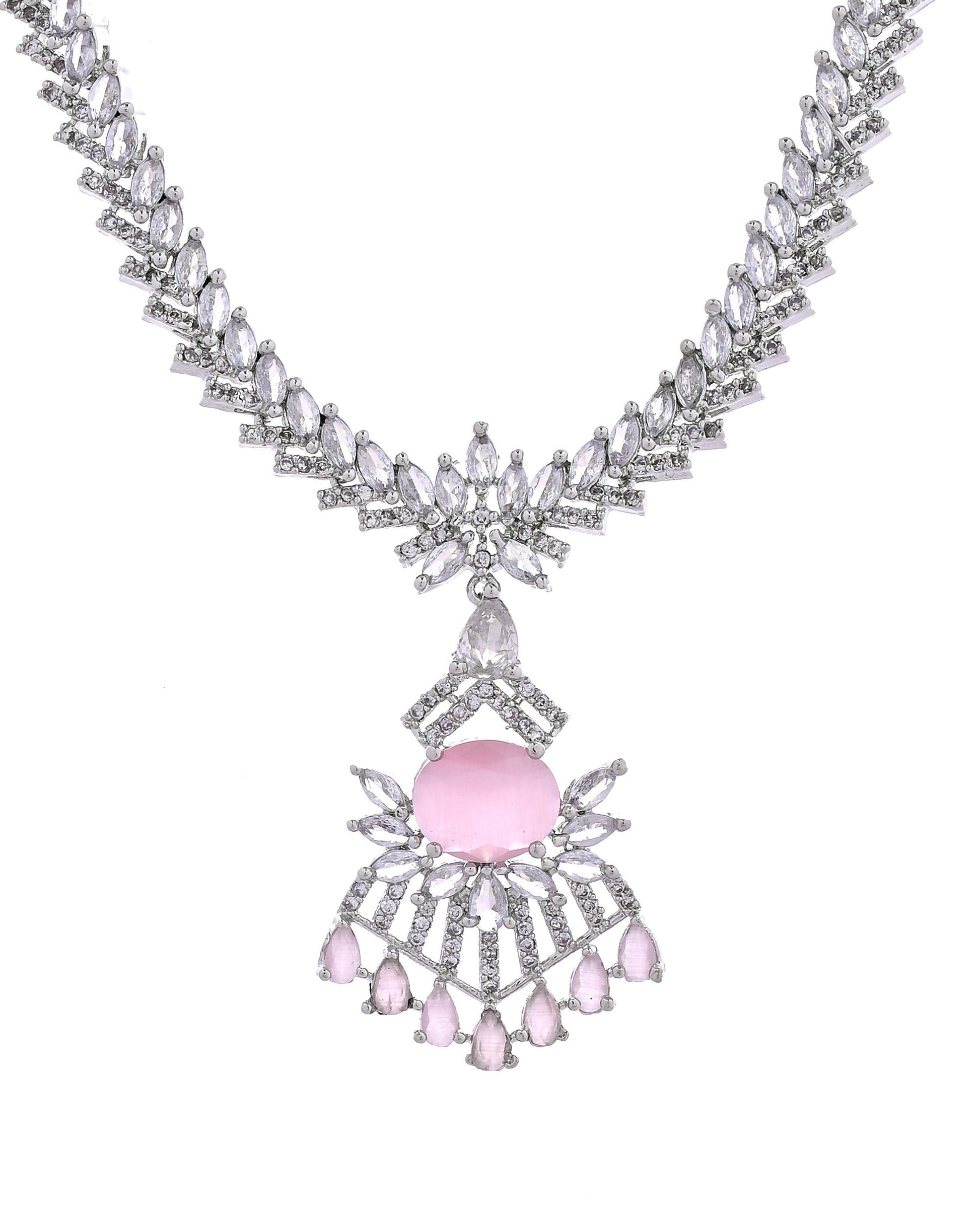 VOJ Silver Toned Cz Stone Studded Baby Pink Jewellery Set  Grab2Buy VOJ Grab2Buy