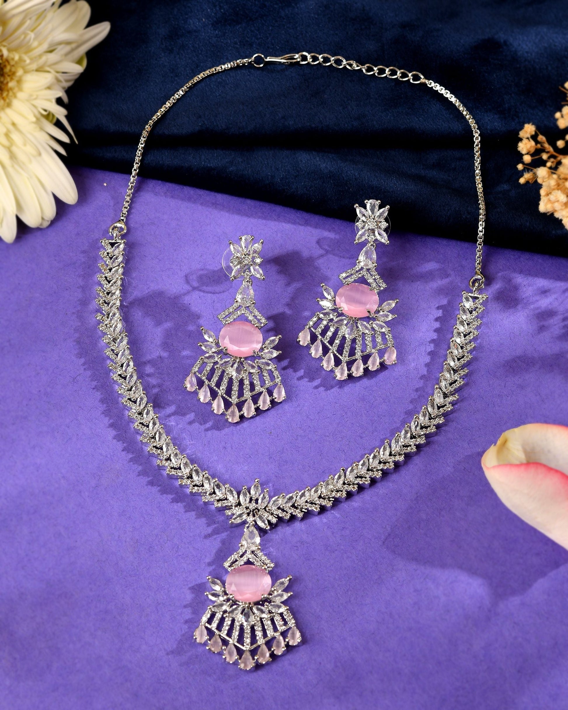 VOJ Silver Toned Cz Stone Studded Baby Pink Jewellery Set  Grab2Buy VOJ Grab2Buy