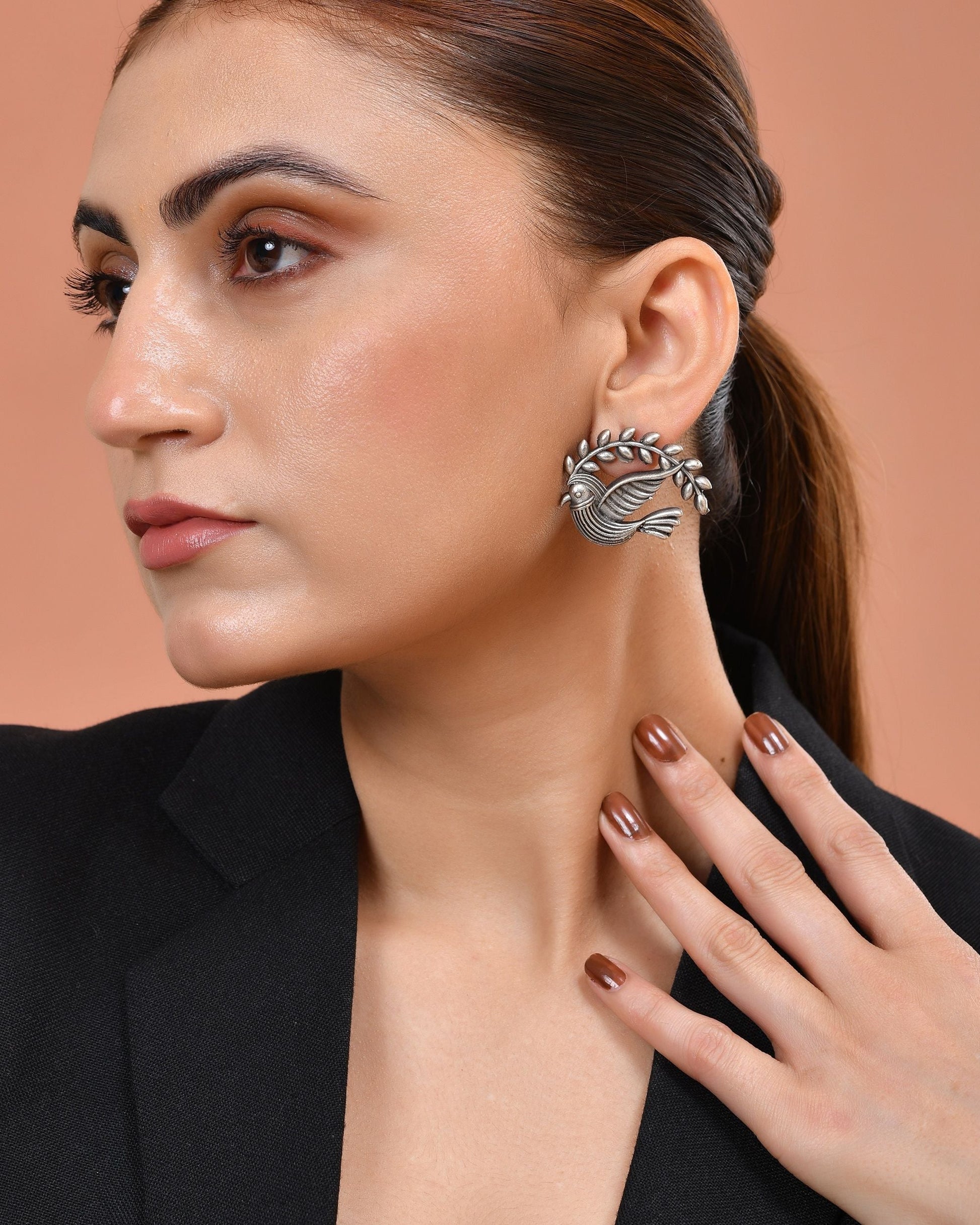 VOJ Silver Plated Bird Designed Oxidized Studs Earrings  Grab2Buy VOJ Grab2Buy