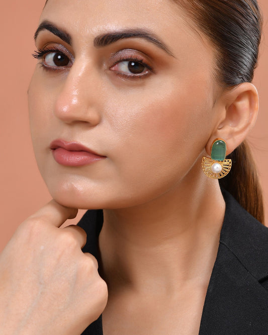 VOJ Gold Plated Teal Green Stone And Pearl Dome Shaped Studs Earrings  Grab2Buy VOJ Grab2Buy