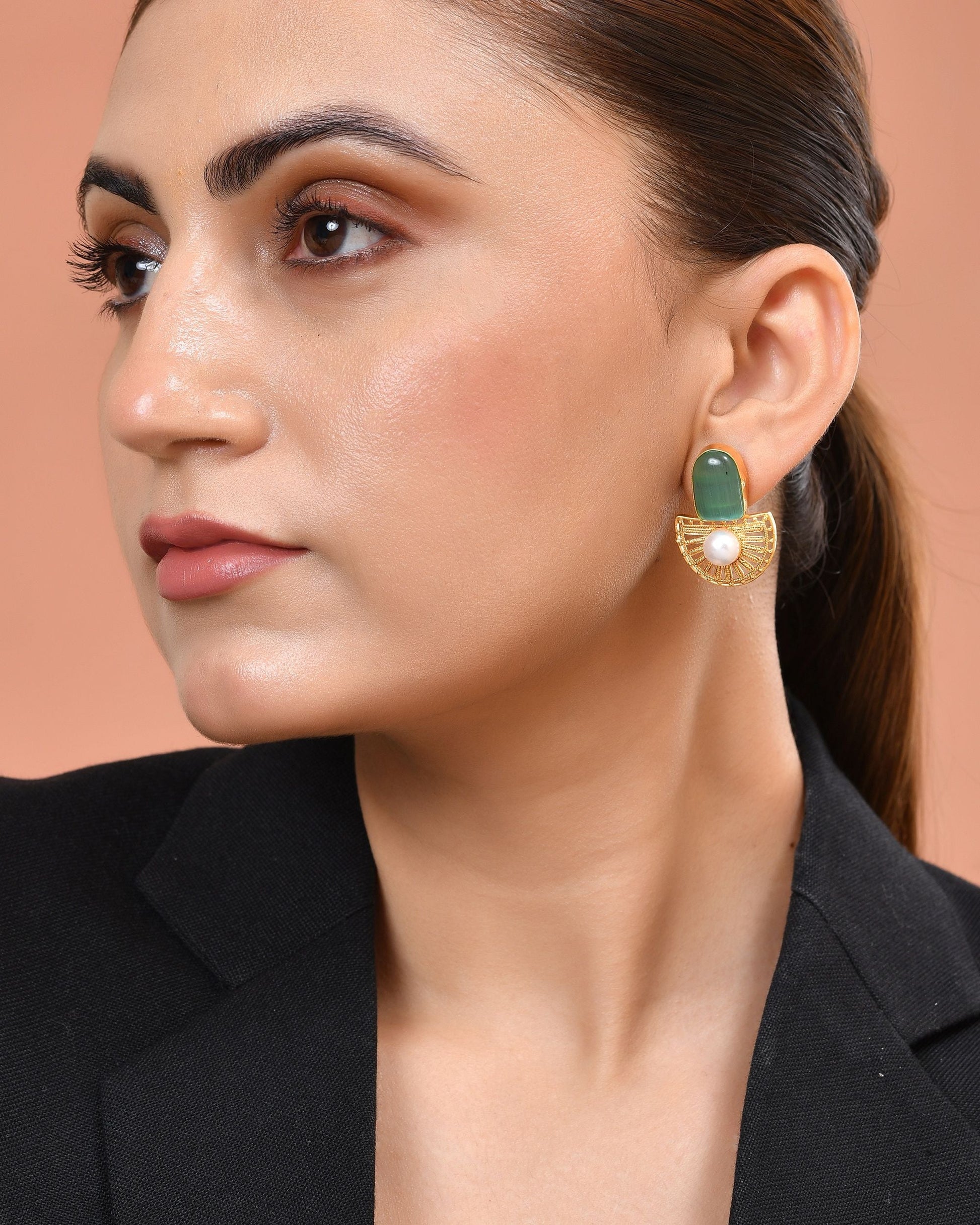 VOJ Gold Plated Teal Green Stone And Pearl Dome Shaped Studs Earrings  Grab2Buy VOJ Grab2Buy