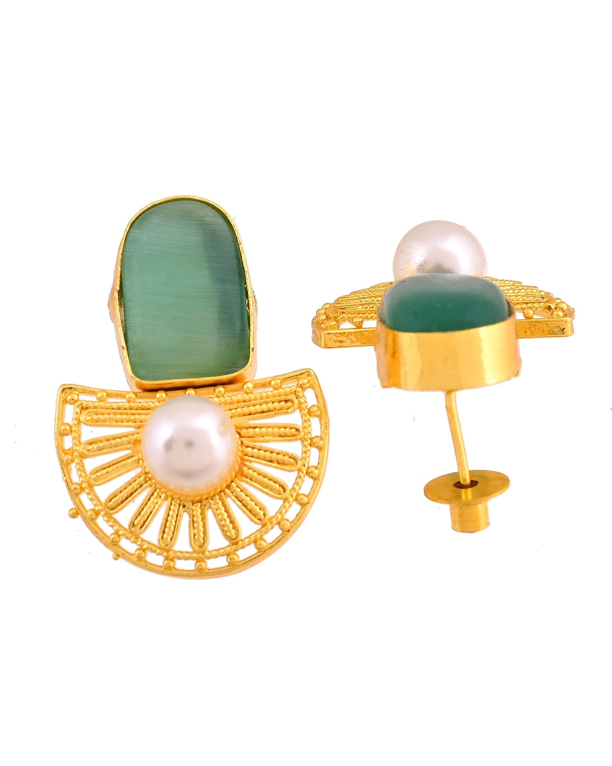 VOJ Gold Plated Teal Green Stone And Pearl Dome Shaped Studs Earrings  Grab2Buy VOJ Grab2Buy