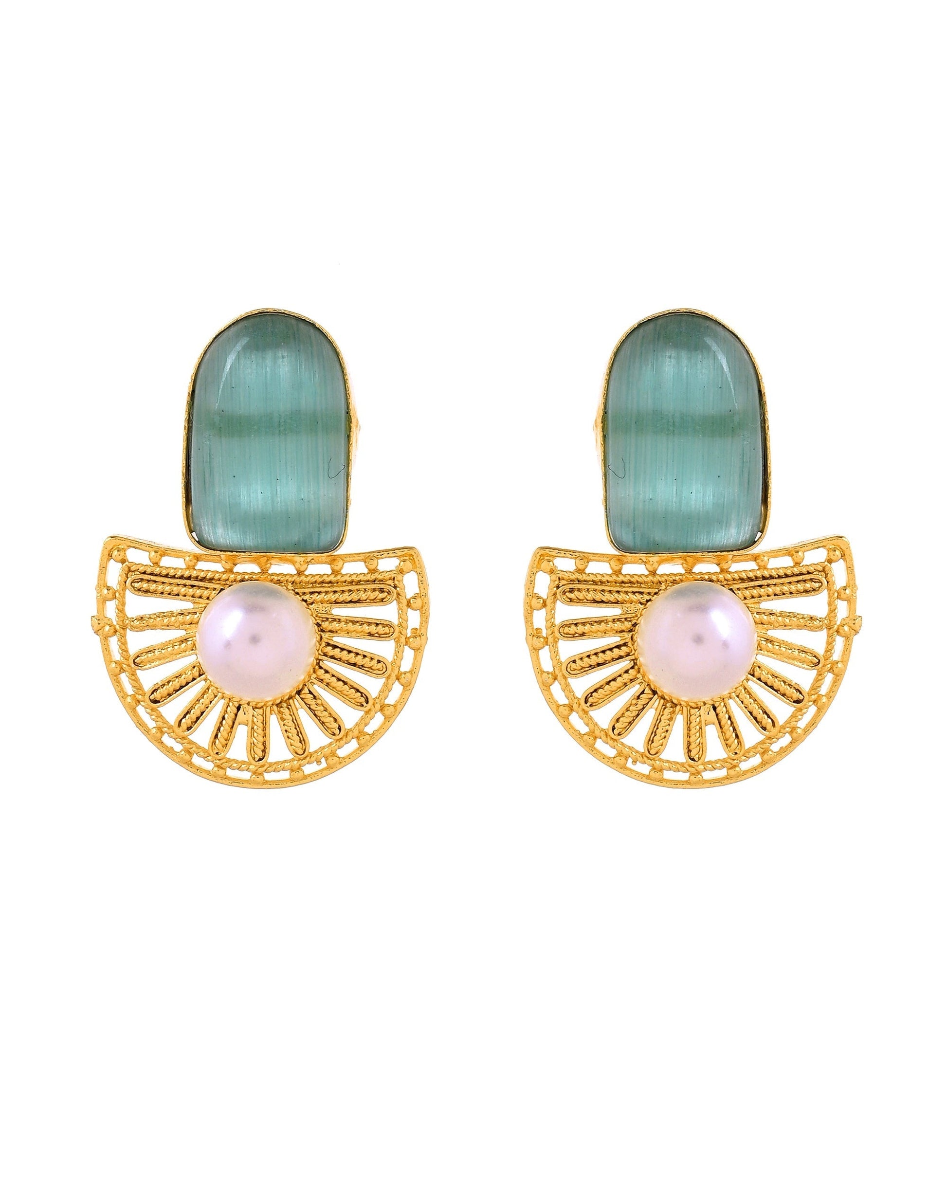 VOJ Gold Plated Teal Green Stone And Pearl Dome Shaped Studs Earrings  Grab2Buy VOJ Grab2Buy