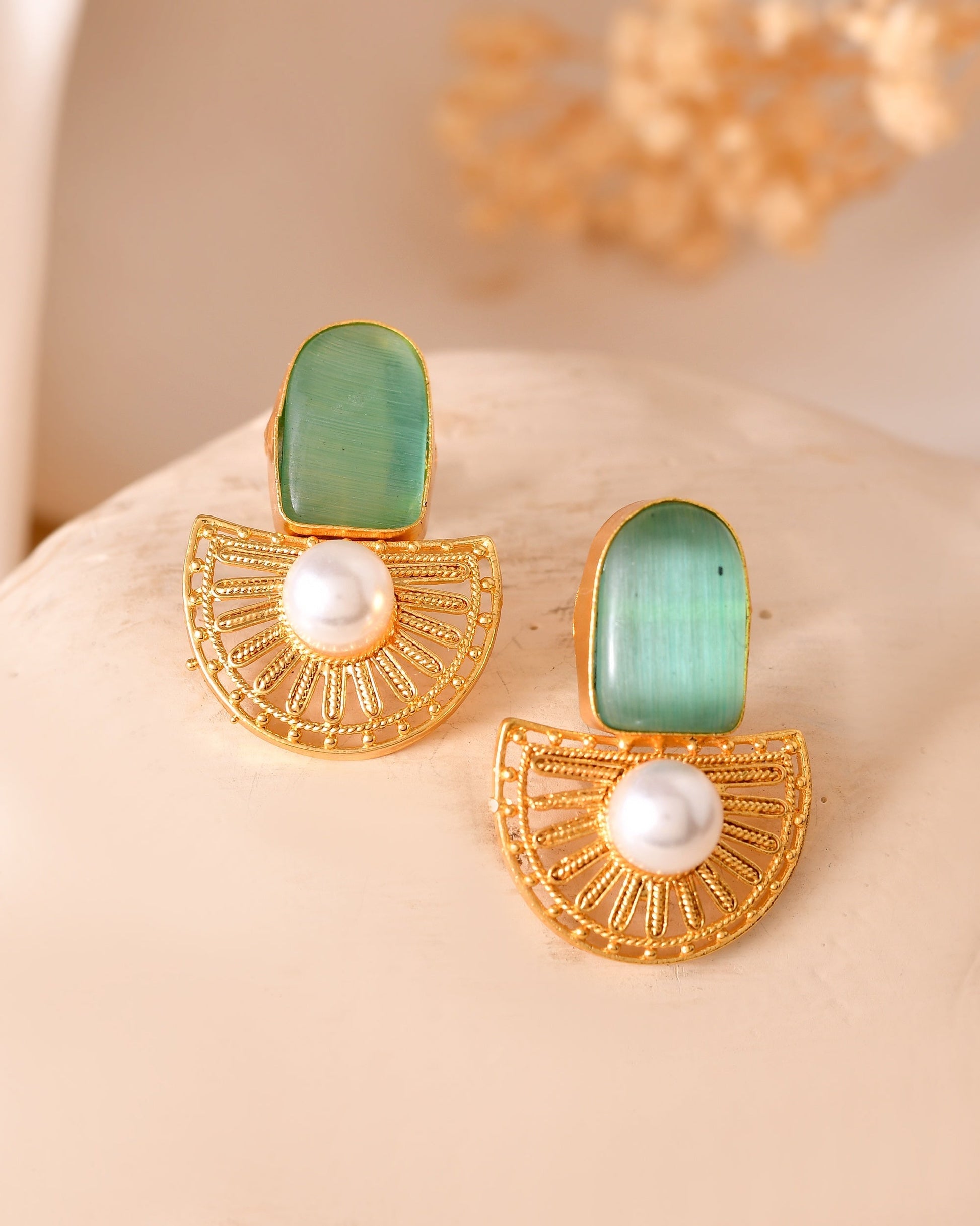VOJ Gold Plated Teal Green Stone And Pearl Dome Shaped Studs Earrings  Grab2Buy VOJ Grab2Buy