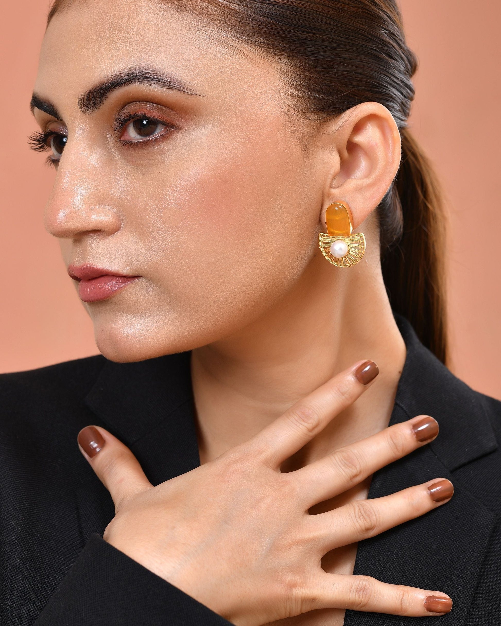 VOJ Gold Plated Yellow Stone And Pearl Dome Shaped Studs Earrings  Grab2Buy VOJ Grab2Buy