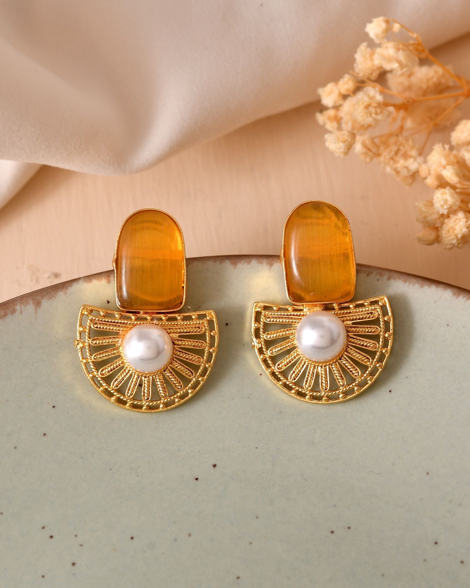 VOJ Gold Plated Yellow Stone And Pearl Dome Shaped Studs Earrings  Grab2Buy VOJ Grab2Buy