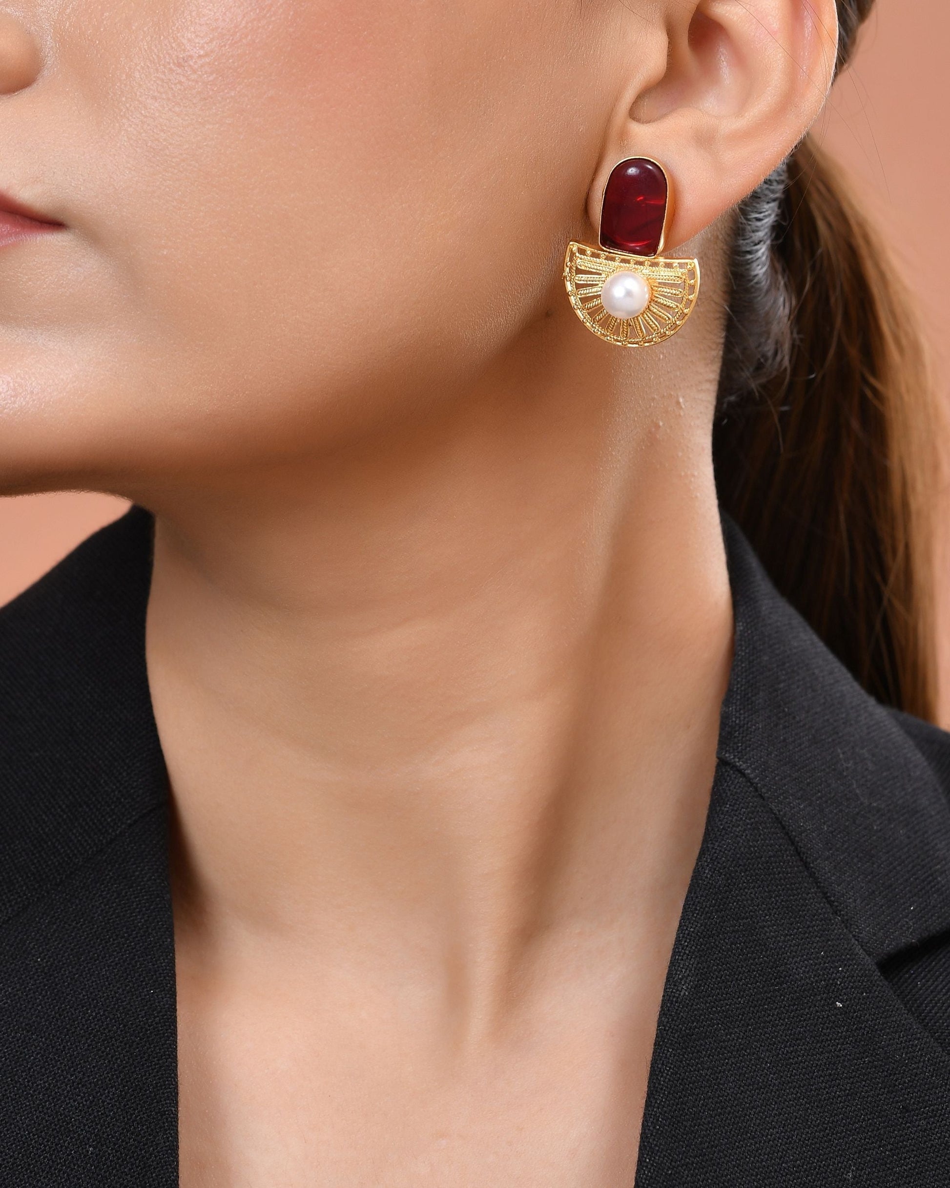 VOJ Gold Plated Red Stone And Pearl Dome Shaped Studs Earrings  Grab2Buy VOJ Grab2Buy