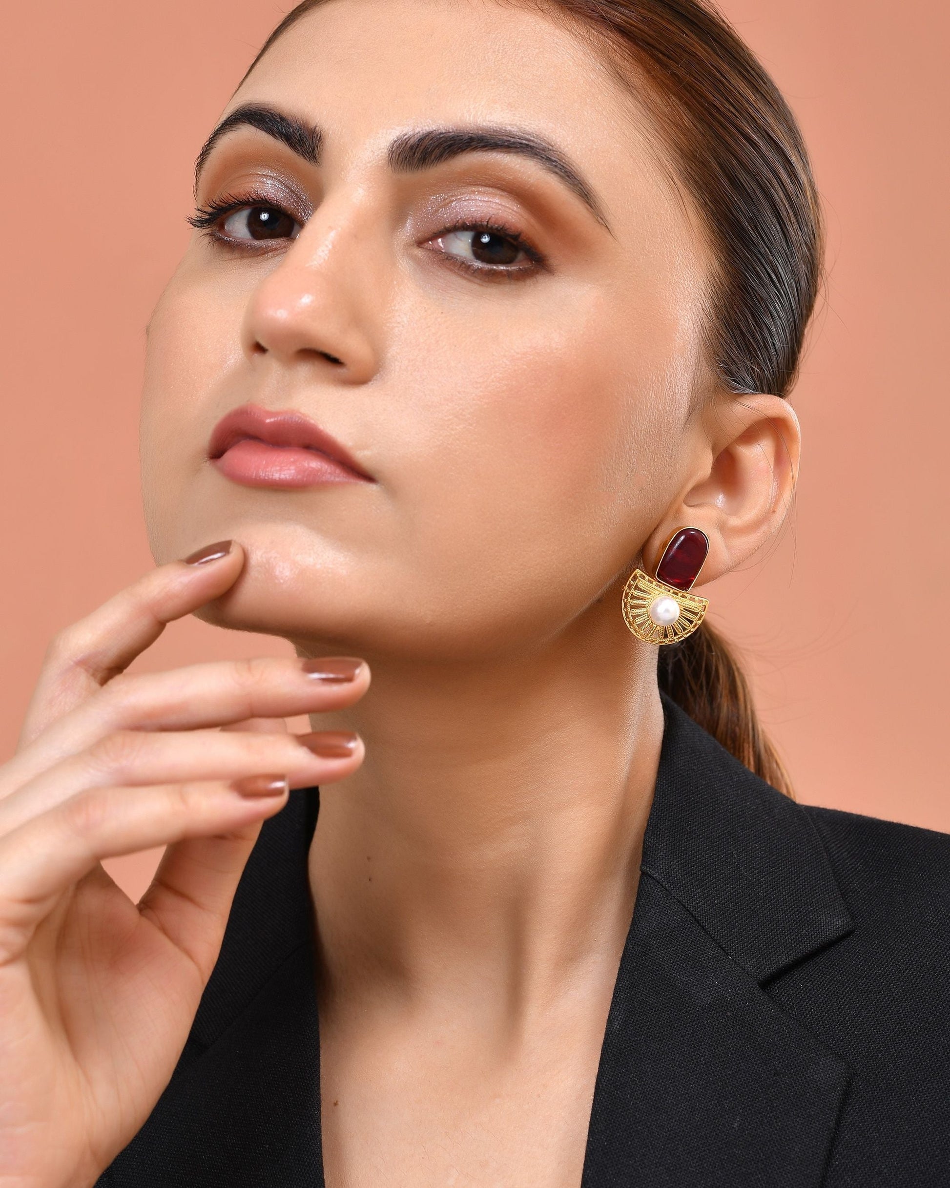 VOJ Gold Plated Red Stone And Pearl Dome Shaped Studs Earrings  Grab2Buy VOJ Grab2Buy