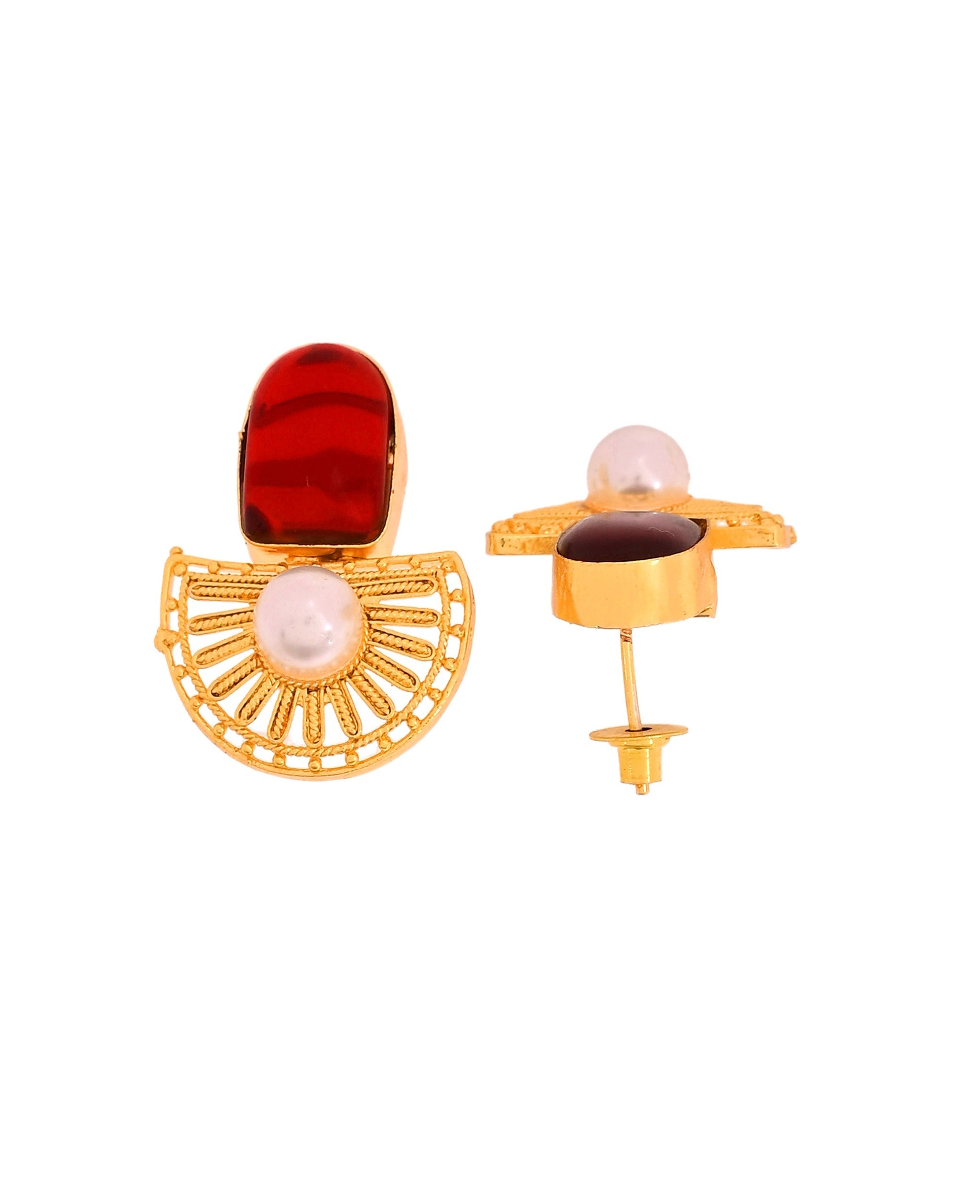 VOJ Gold Plated Red Stone And Pearl Dome Shaped Studs Earrings  Grab2Buy VOJ Grab2Buy