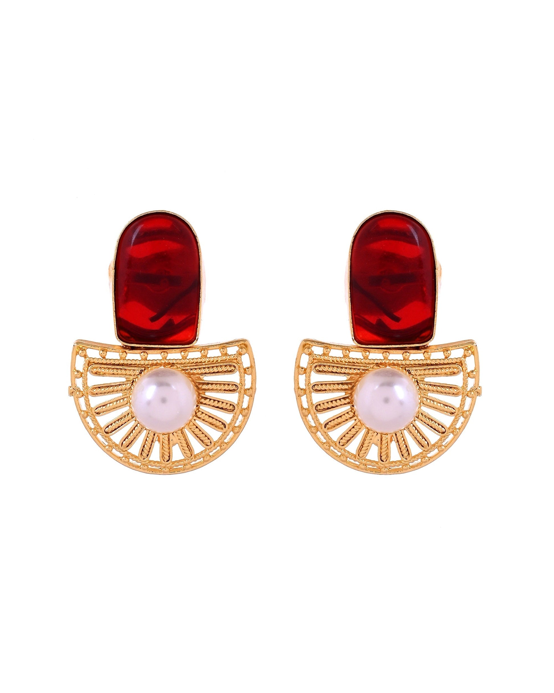 VOJ Gold Plated Red Stone And Pearl Dome Shaped Studs Earrings  Grab2Buy VOJ Grab2Buy