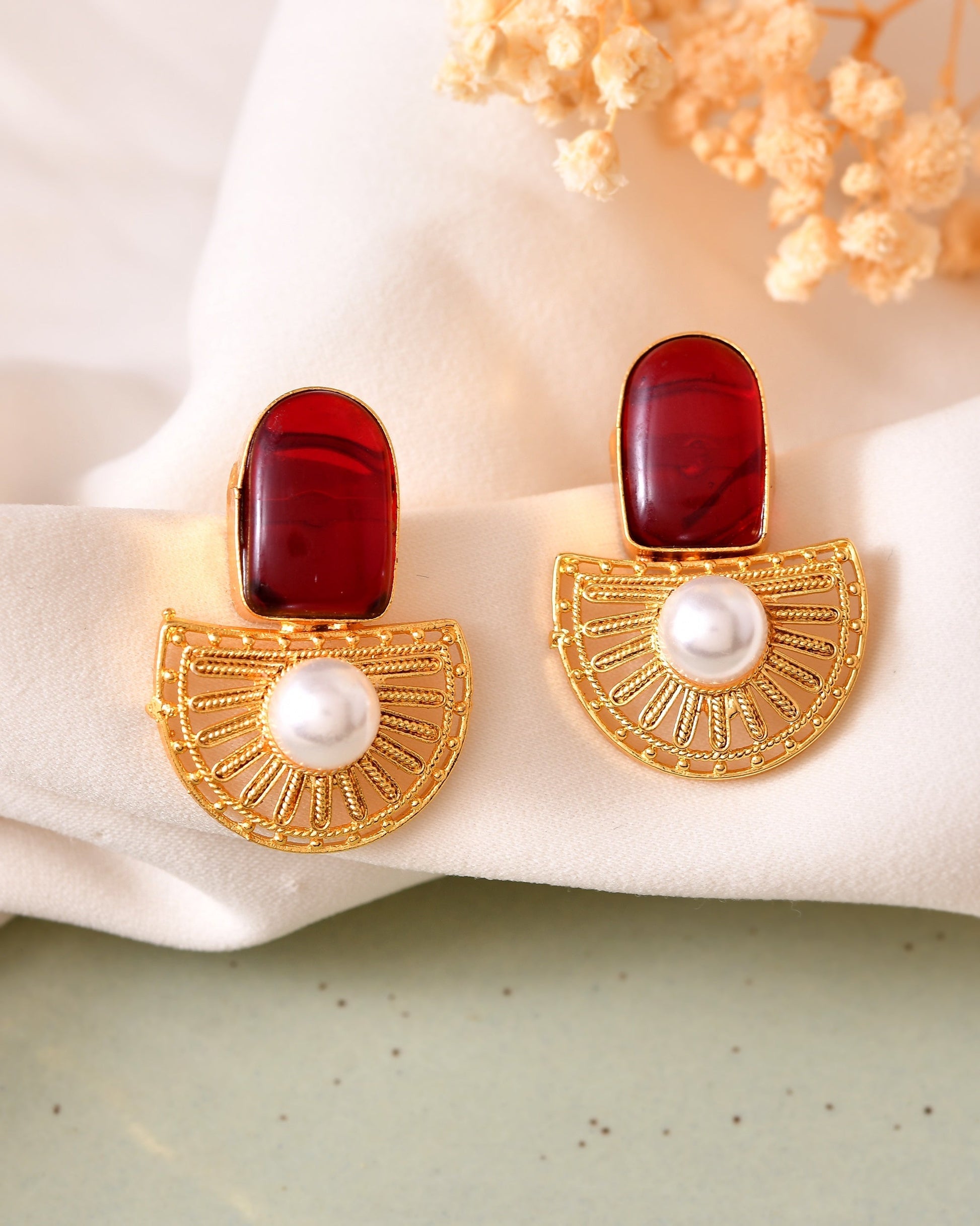 VOJ Gold Plated Red Stone And Pearl Dome Shaped Studs Earrings  Grab2Buy VOJ Grab2Buy