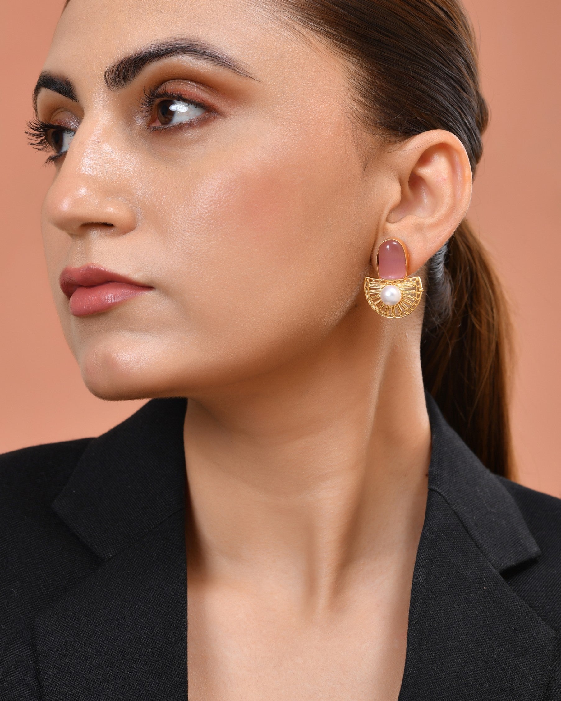 VOJ Gold Plated Pink Stone And Pearl Dome Shaped Studs Earrings  Grab2Buy VOJ Grab2Buy