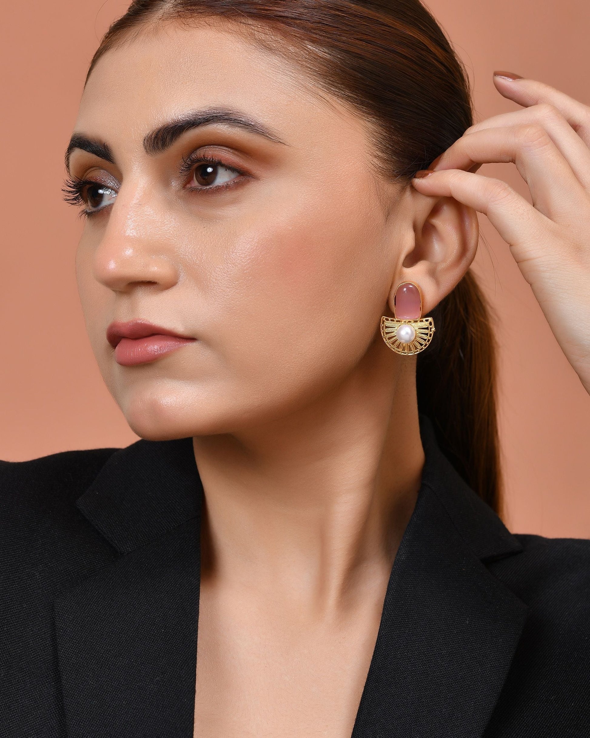 VOJ Gold Plated Pink Stone And Pearl Dome Shaped Studs Earrings  Grab2Buy VOJ Grab2Buy