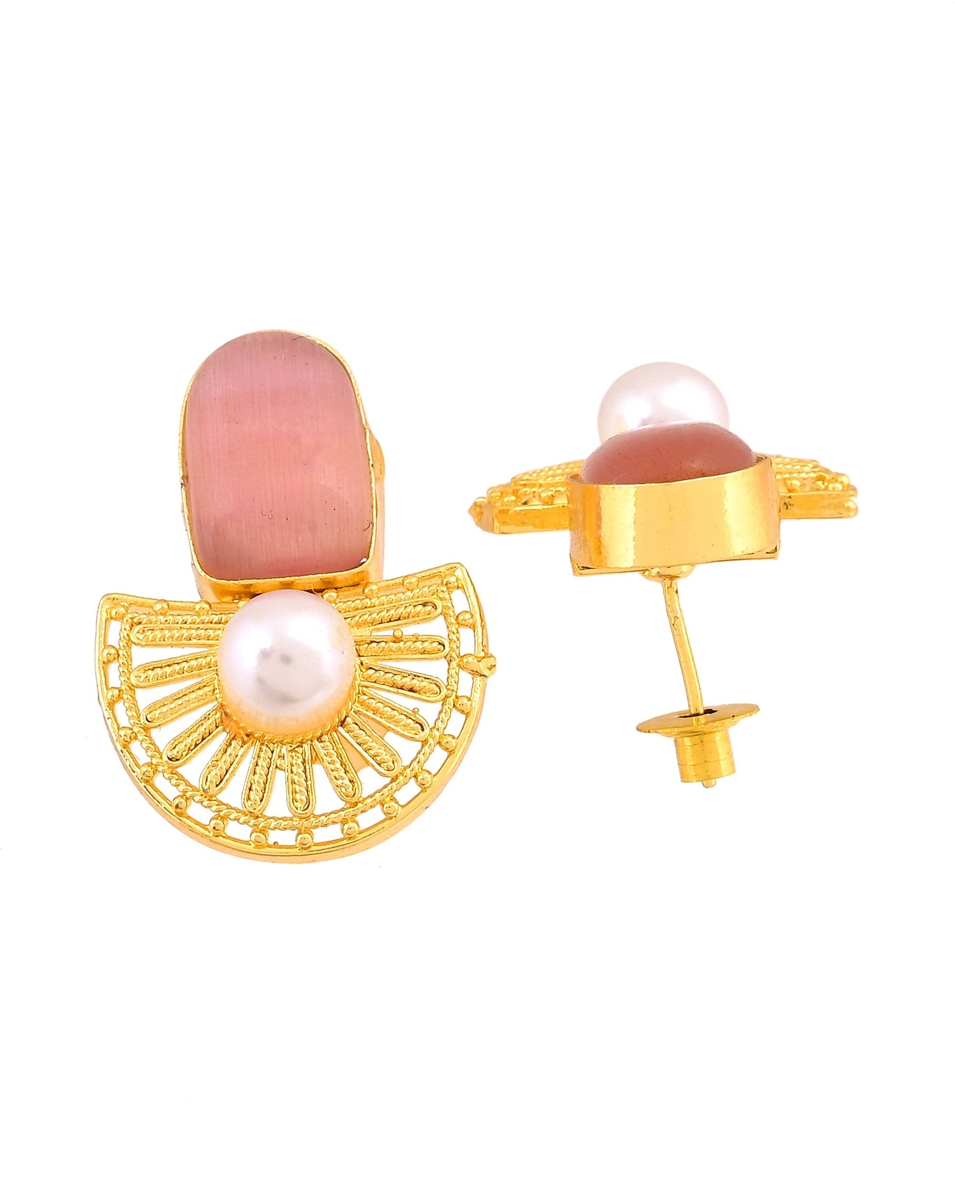 VOJ Gold Plated Pink Stone And Pearl Dome Shaped Studs Earrings  Grab2Buy VOJ Grab2Buy