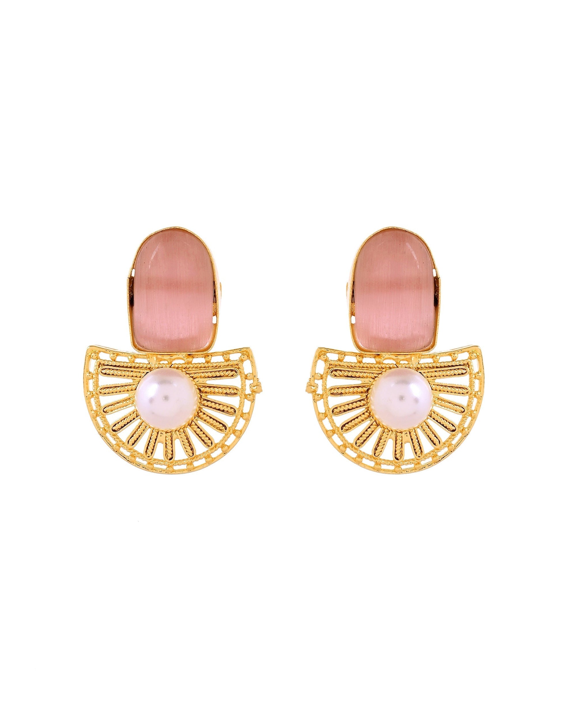 VOJ Gold Plated Pink Stone And Pearl Dome Shaped Studs Earrings  Grab2Buy VOJ Grab2Buy