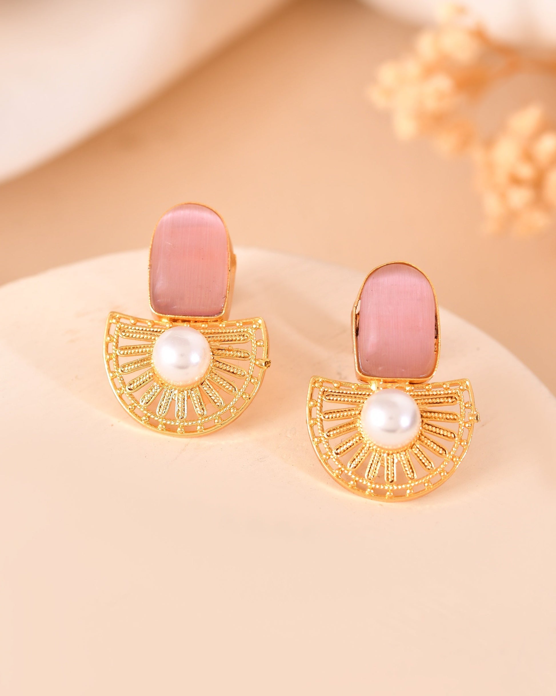VOJ Gold Plated Pink Stone And Pearl Dome Shaped Studs Earrings  Grab2Buy VOJ Grab2Buy