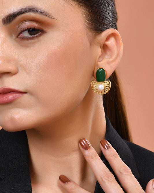 VOJ Gold Plated Green Stone And Pearl Dome Shaped Studs Earrings  Grab2Buy VOJ Grab2Buy