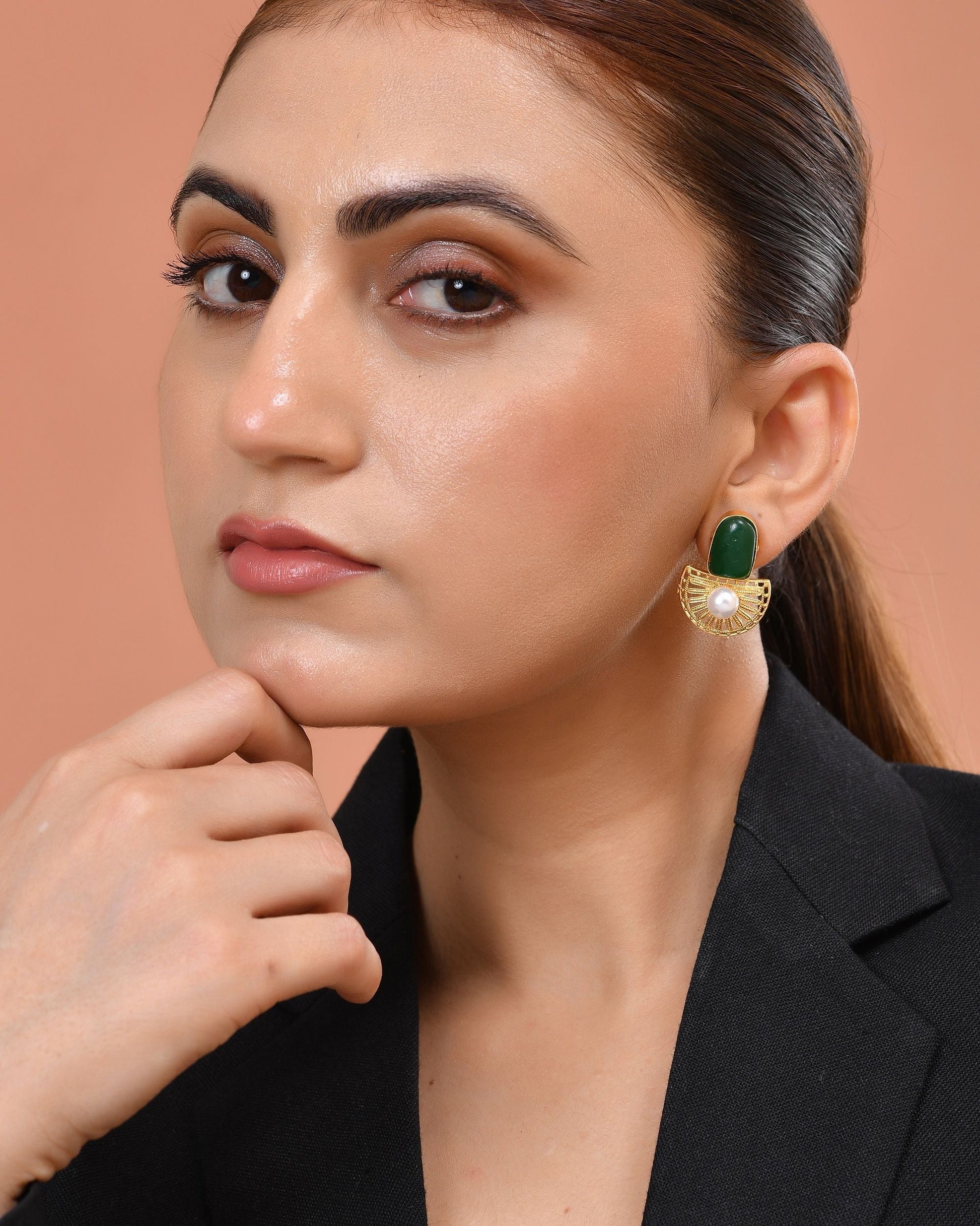 VOJ Gold Plated Green Stone And Pearl Dome Shaped Studs Earrings  Grab2Buy VOJ Grab2Buy