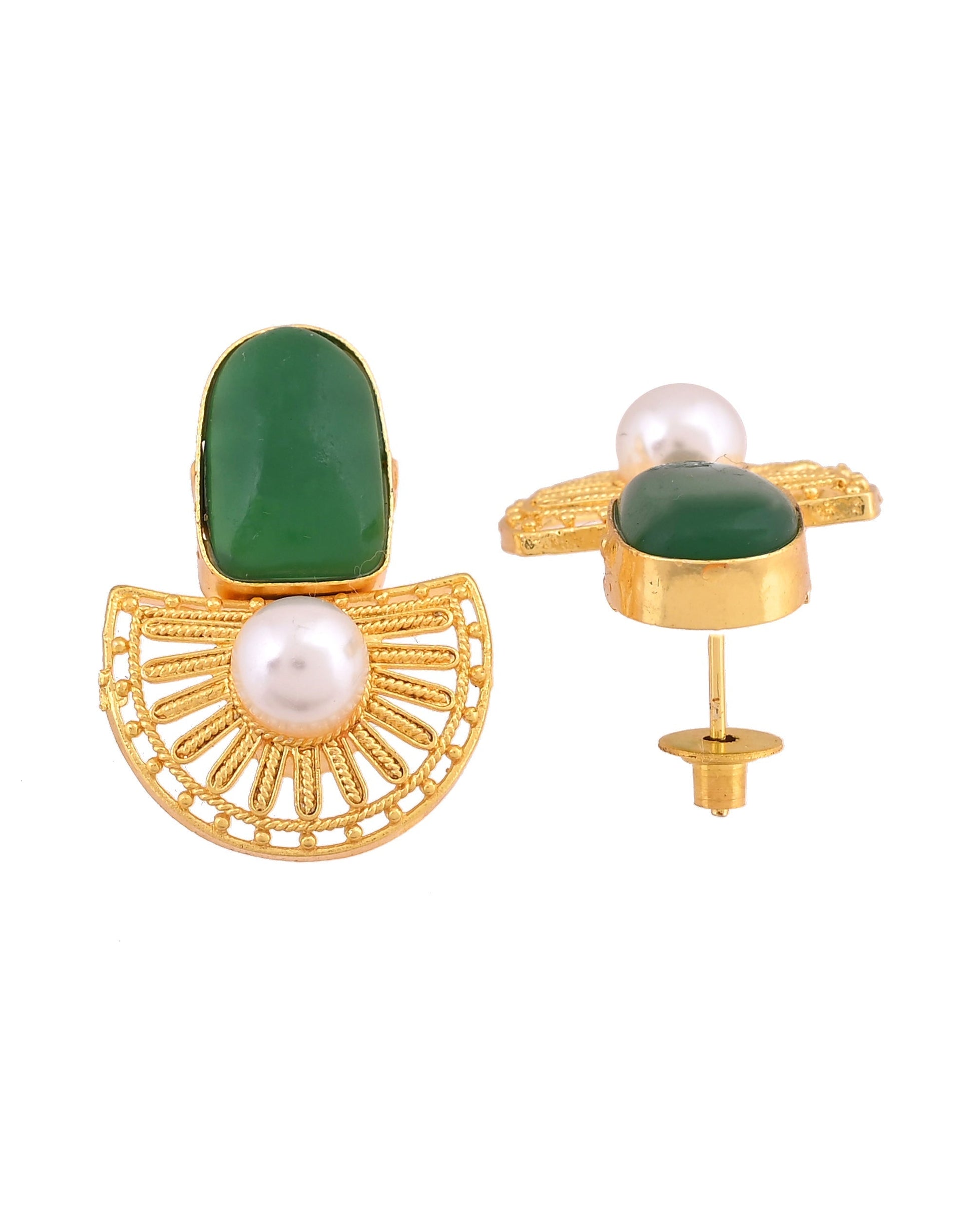 VOJ Gold Plated Green Stone And Pearl Dome Shaped Studs Earrings  Grab2Buy VOJ Grab2Buy