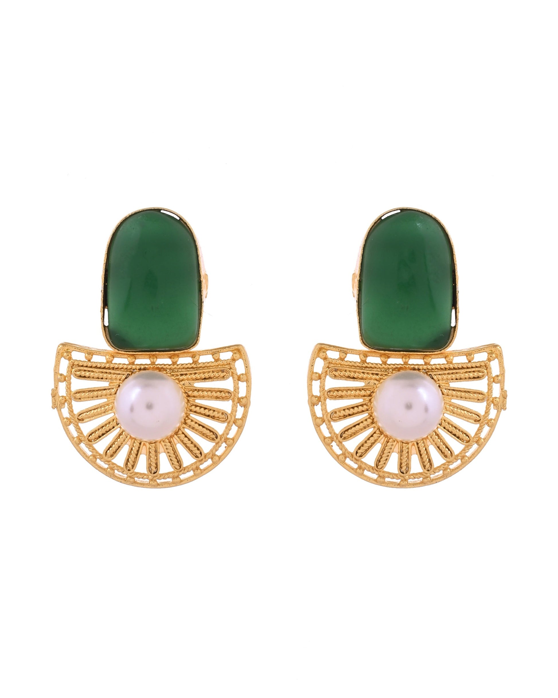 VOJ Gold Plated Green Stone And Pearl Dome Shaped Studs Earrings  Grab2Buy VOJ Grab2Buy