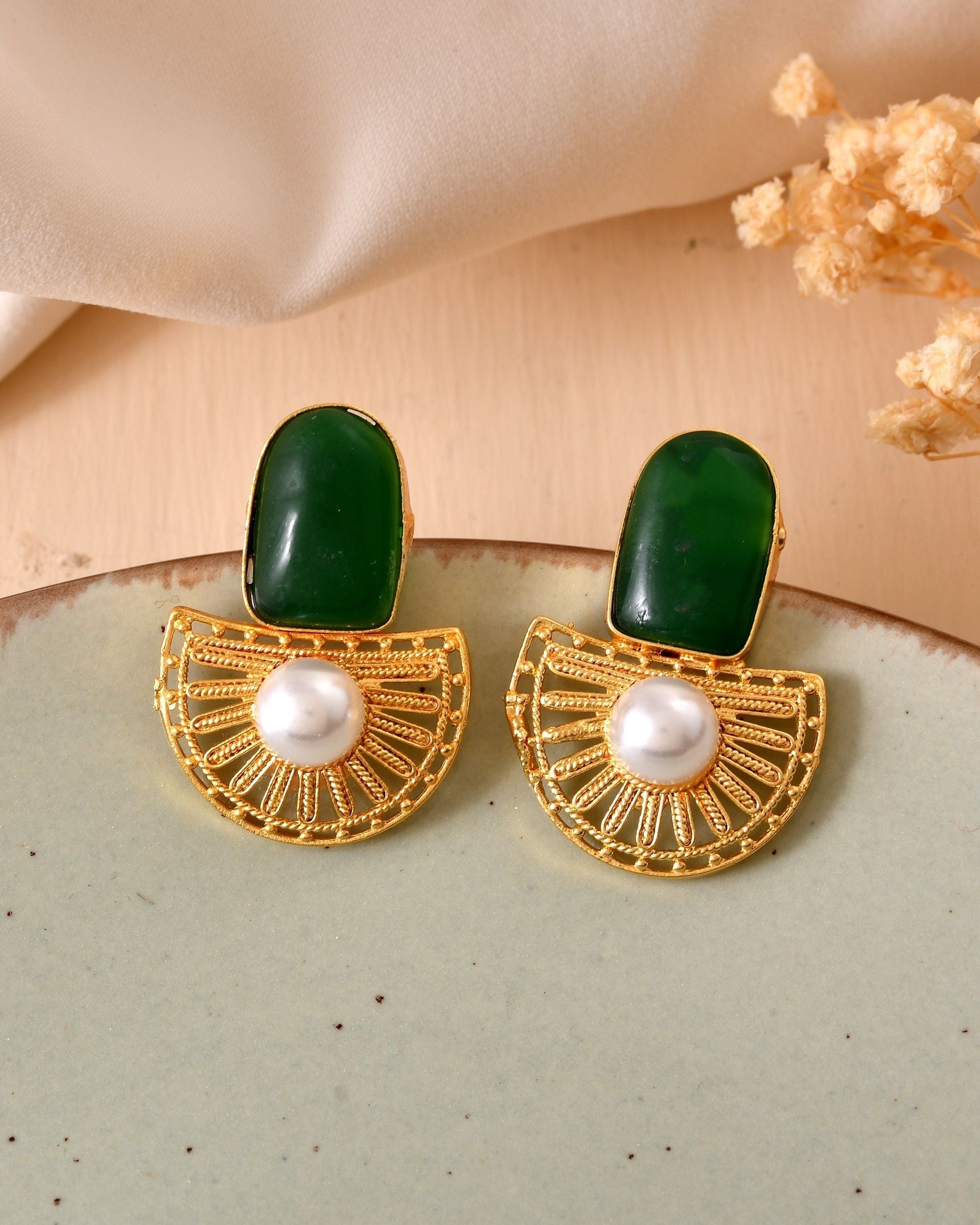 VOJ Gold Plated Green Stone And Pearl Dome Shaped Studs Earrings  Grab2Buy VOJ Grab2Buy