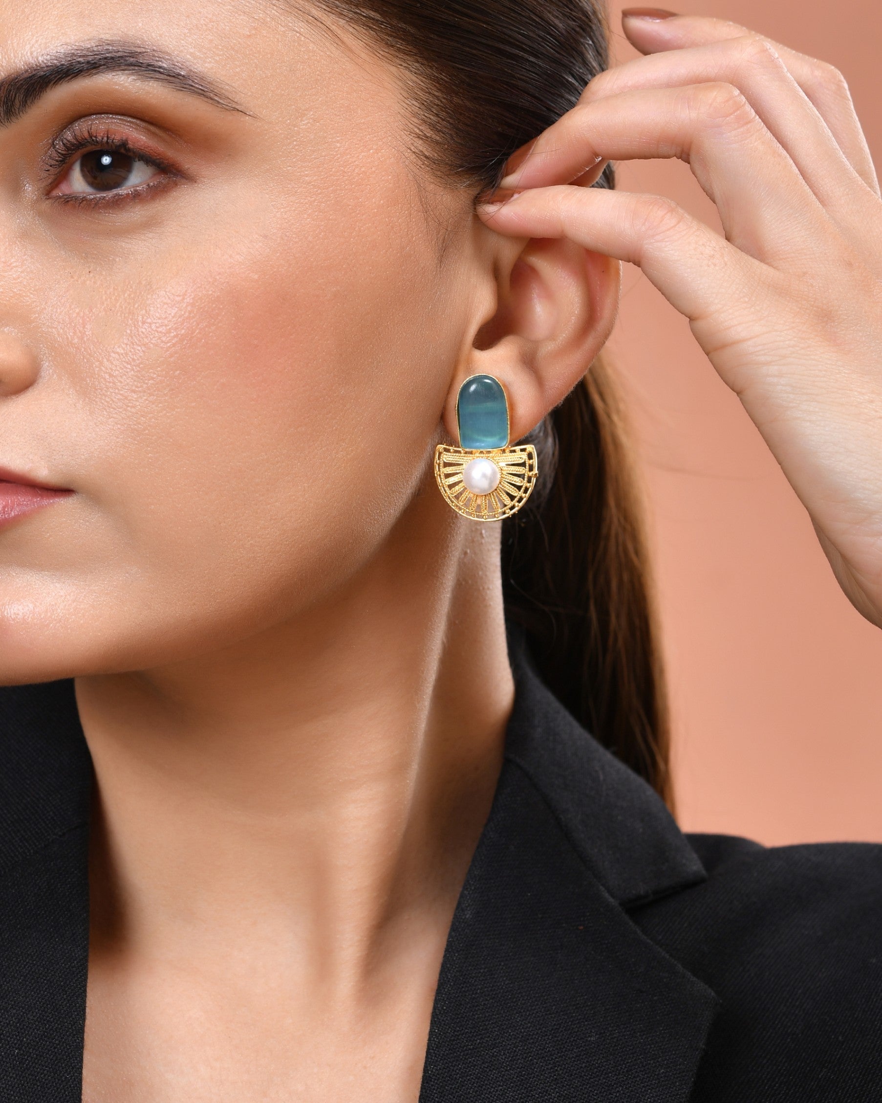 VOJ Gold Plated Sky Blue Stone And Pearl Dome Shaped Studs Earrings  Grab2Buy VOJ Grab2Buy
