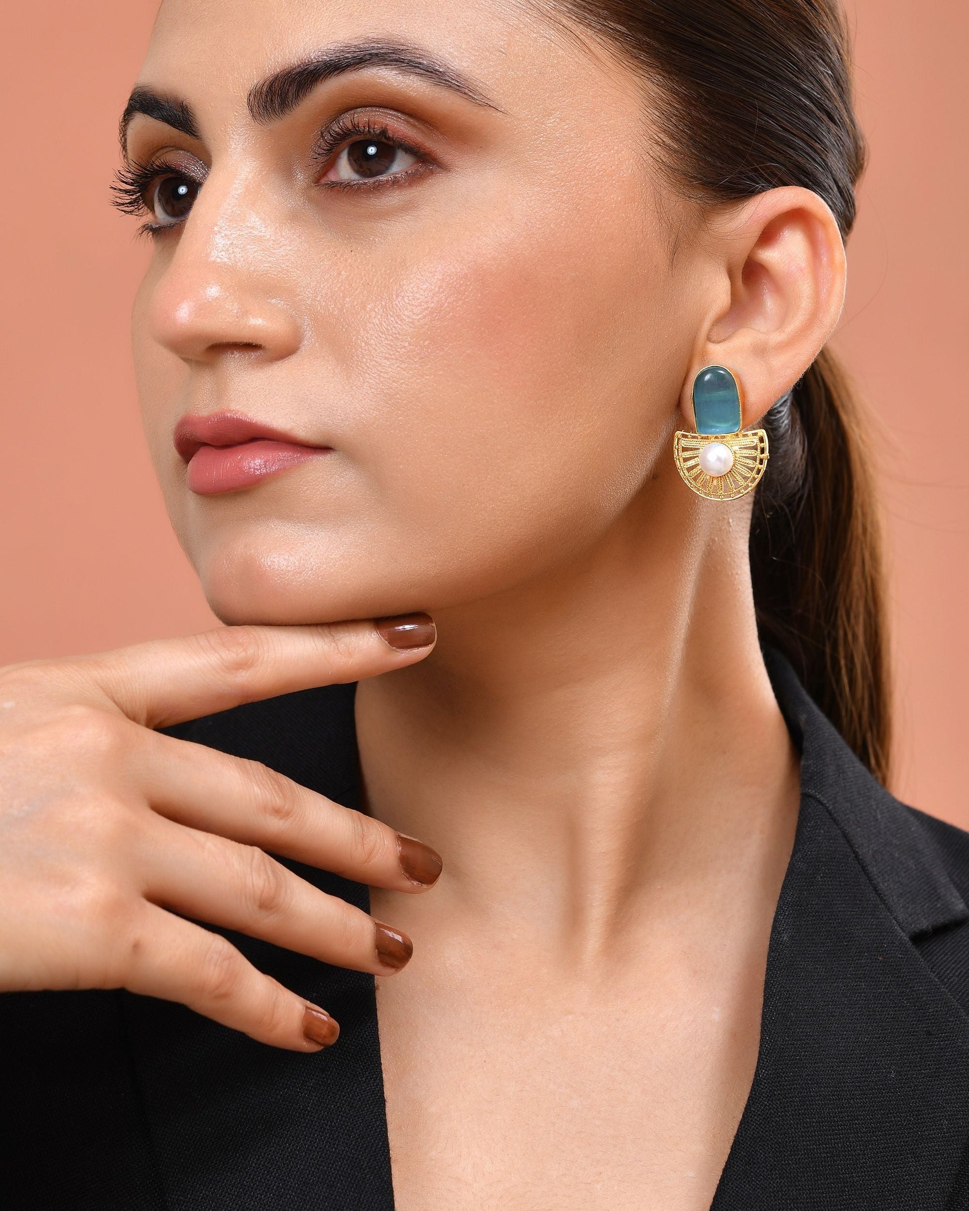 VOJ Gold Plated Sky Blue Stone And Pearl Dome Shaped Studs Earrings  Grab2Buy VOJ Grab2Buy
