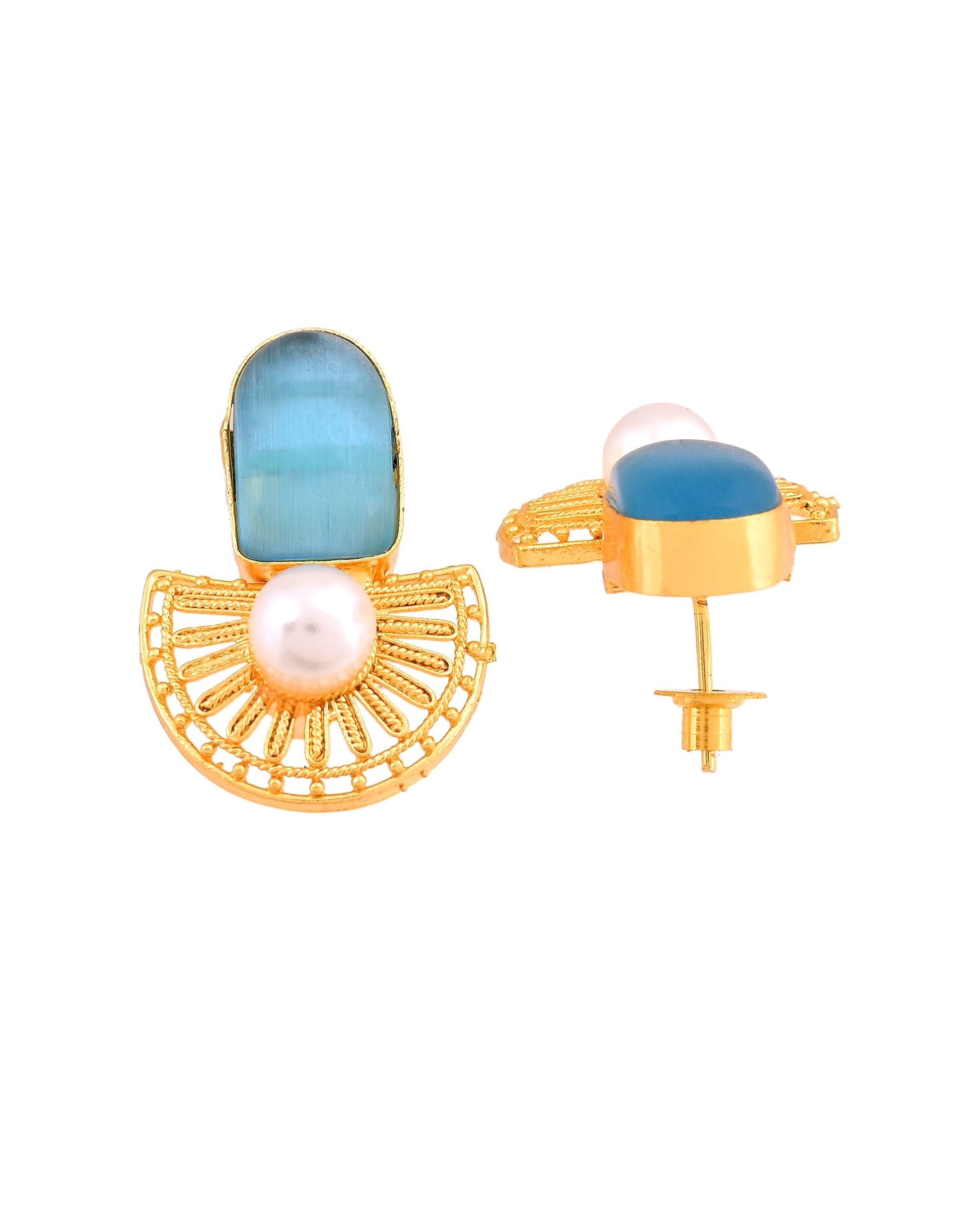 VOJ Gold Plated Sky Blue Stone And Pearl Dome Shaped Studs Earrings  Grab2Buy VOJ Grab2Buy