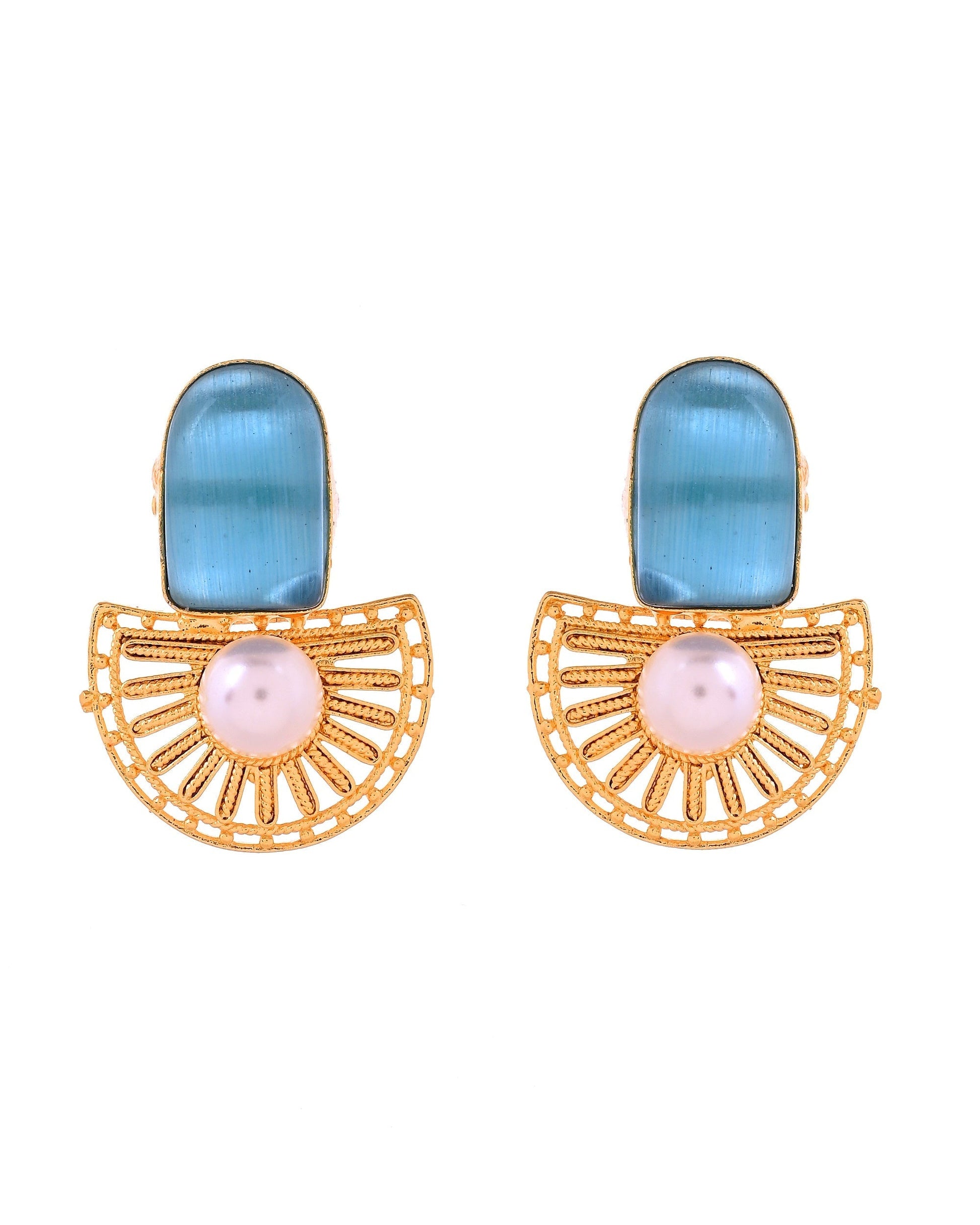 VOJ Gold Plated Sky Blue Stone And Pearl Dome Shaped Studs Earrings  Grab2Buy VOJ Grab2Buy