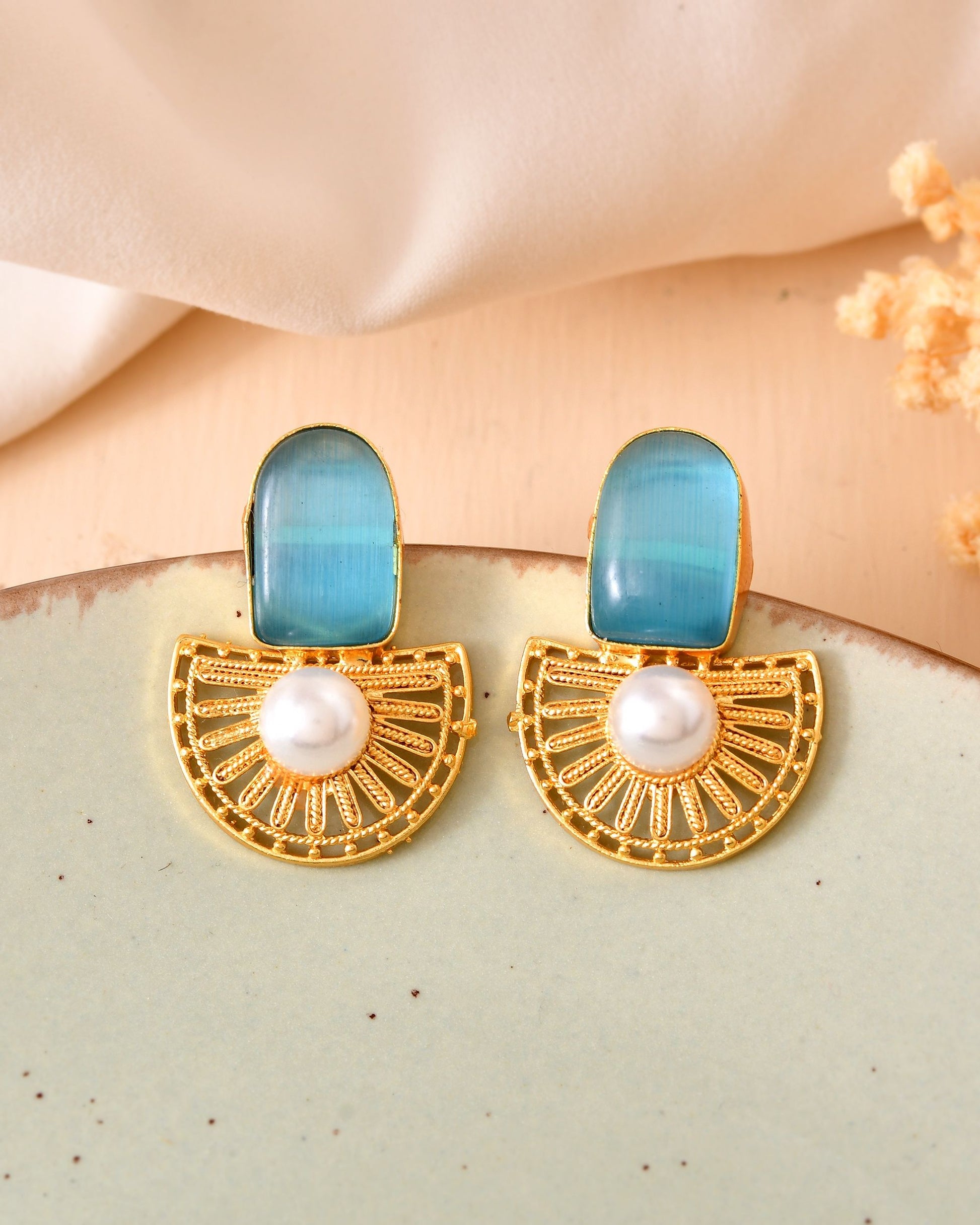 VOJ Gold Plated Sky Blue Stone And Pearl Dome Shaped Studs Earrings  Grab2Buy VOJ Grab2Buy