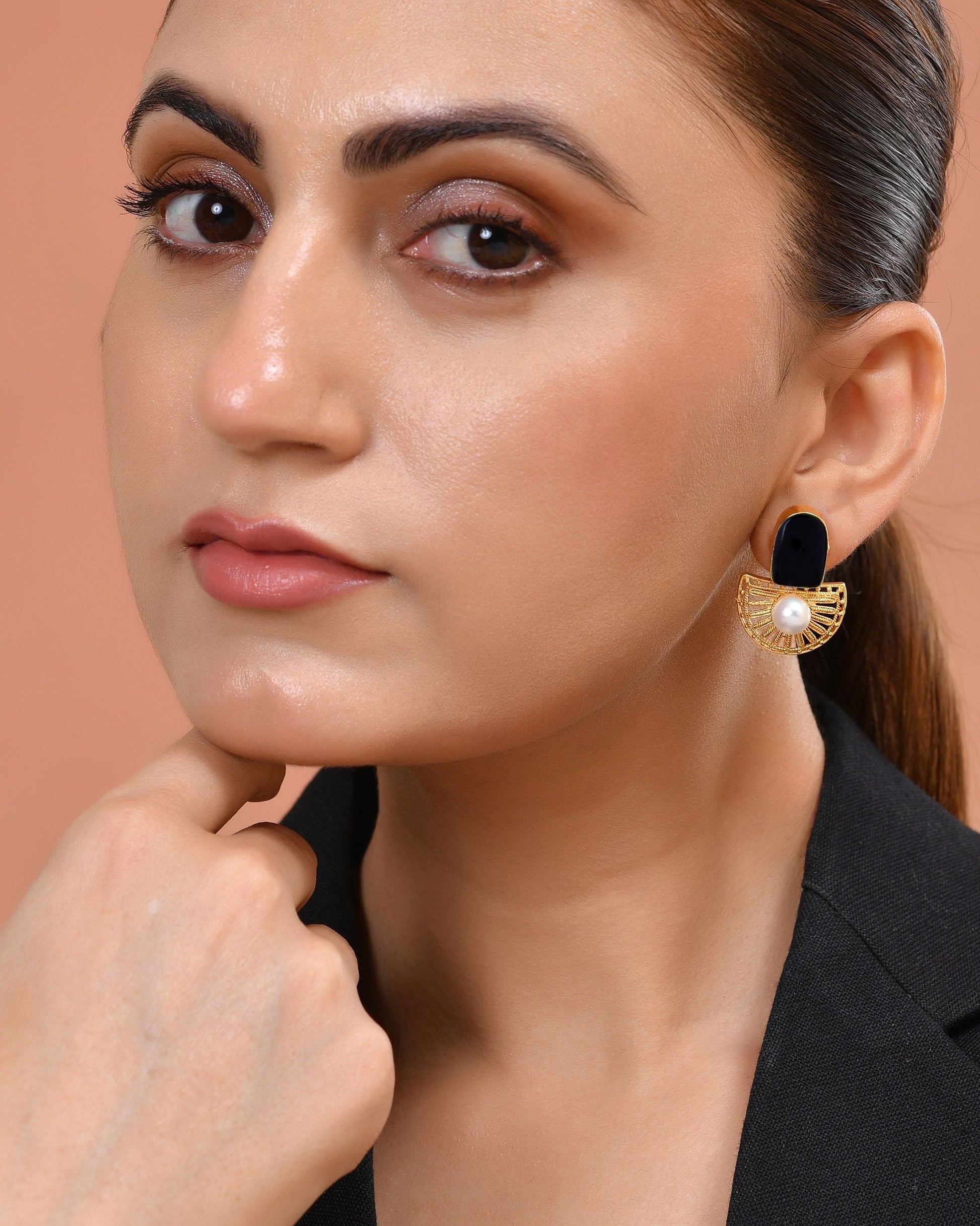 VOJ Gold Plated Black Stone And Pearl Dome Shaped Studs Earrings  Grab2Buy VOJ Grab2Buy