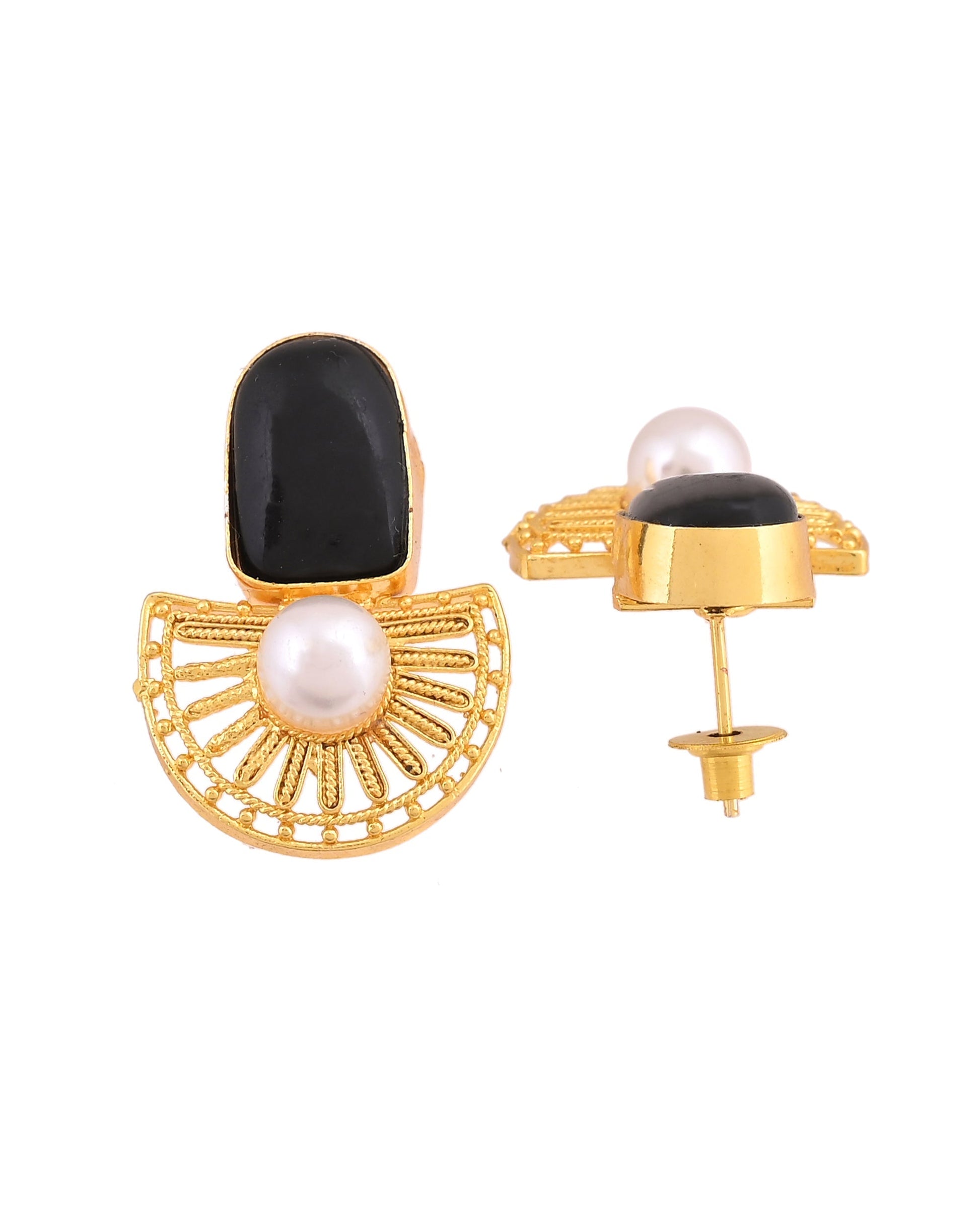 VOJ Gold Plated Black Stone And Pearl Dome Shaped Studs Earrings  Grab2Buy VOJ Grab2Buy