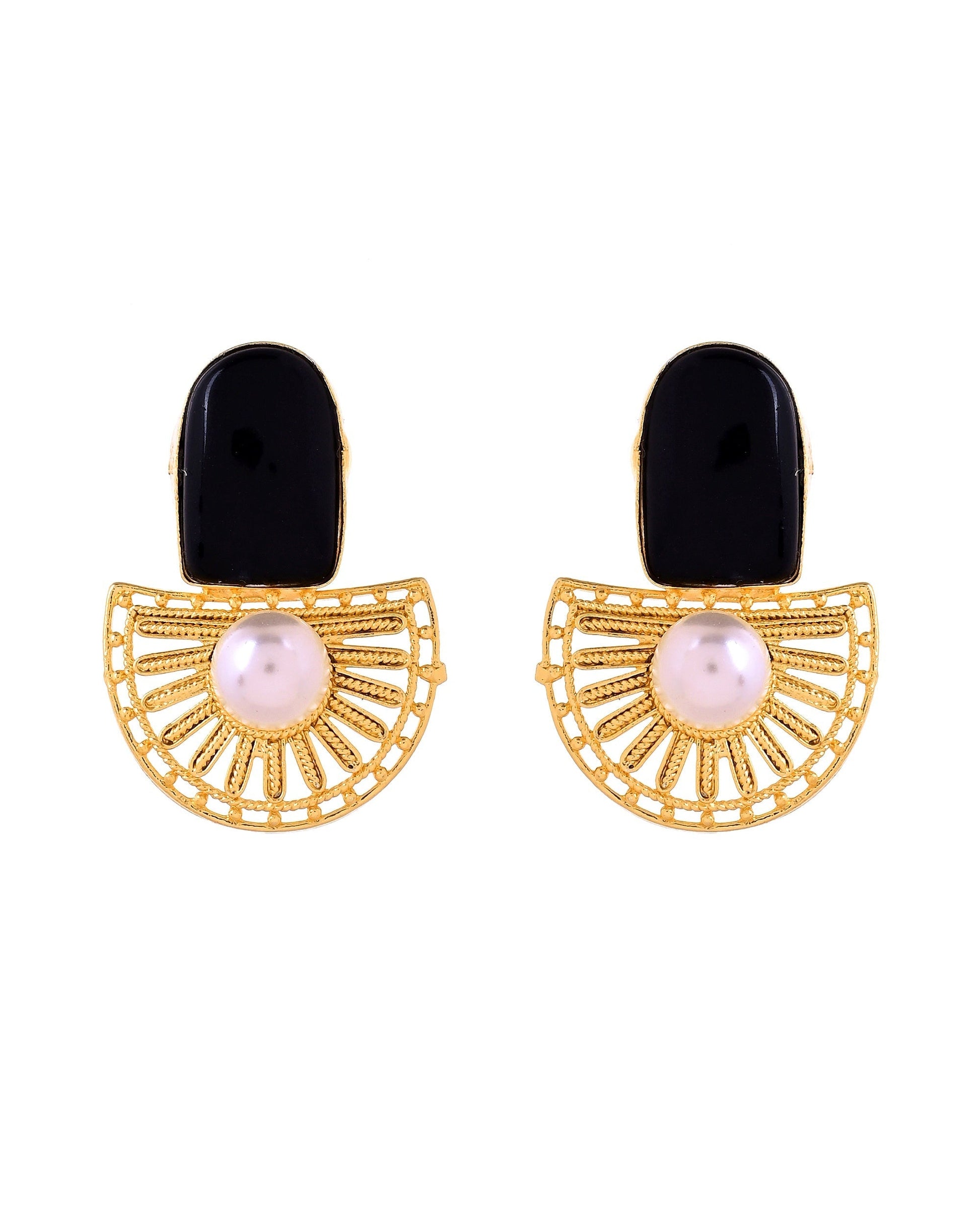 VOJ Gold Plated Black Stone And Pearl Dome Shaped Studs Earrings  Grab2Buy VOJ Grab2Buy