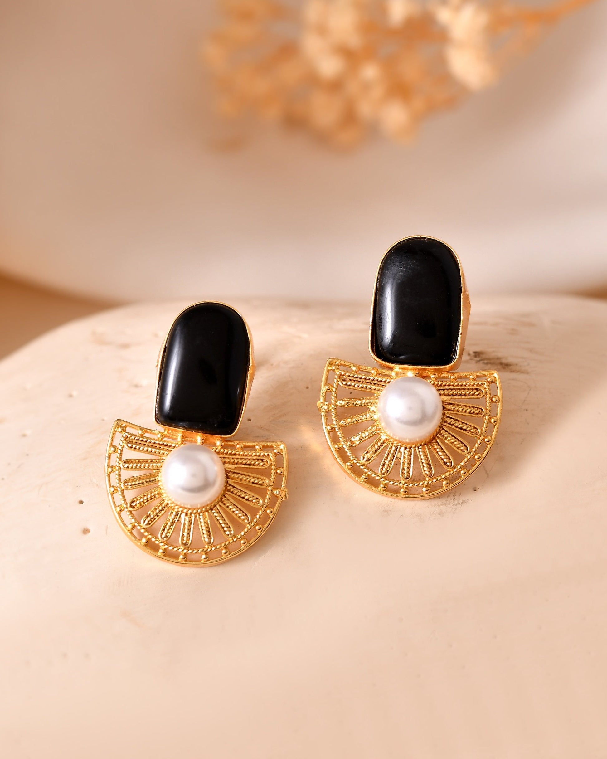 VOJ Gold Plated Black Stone And Pearl Dome Shaped Studs Earrings  Grab2Buy VOJ Grab2Buy