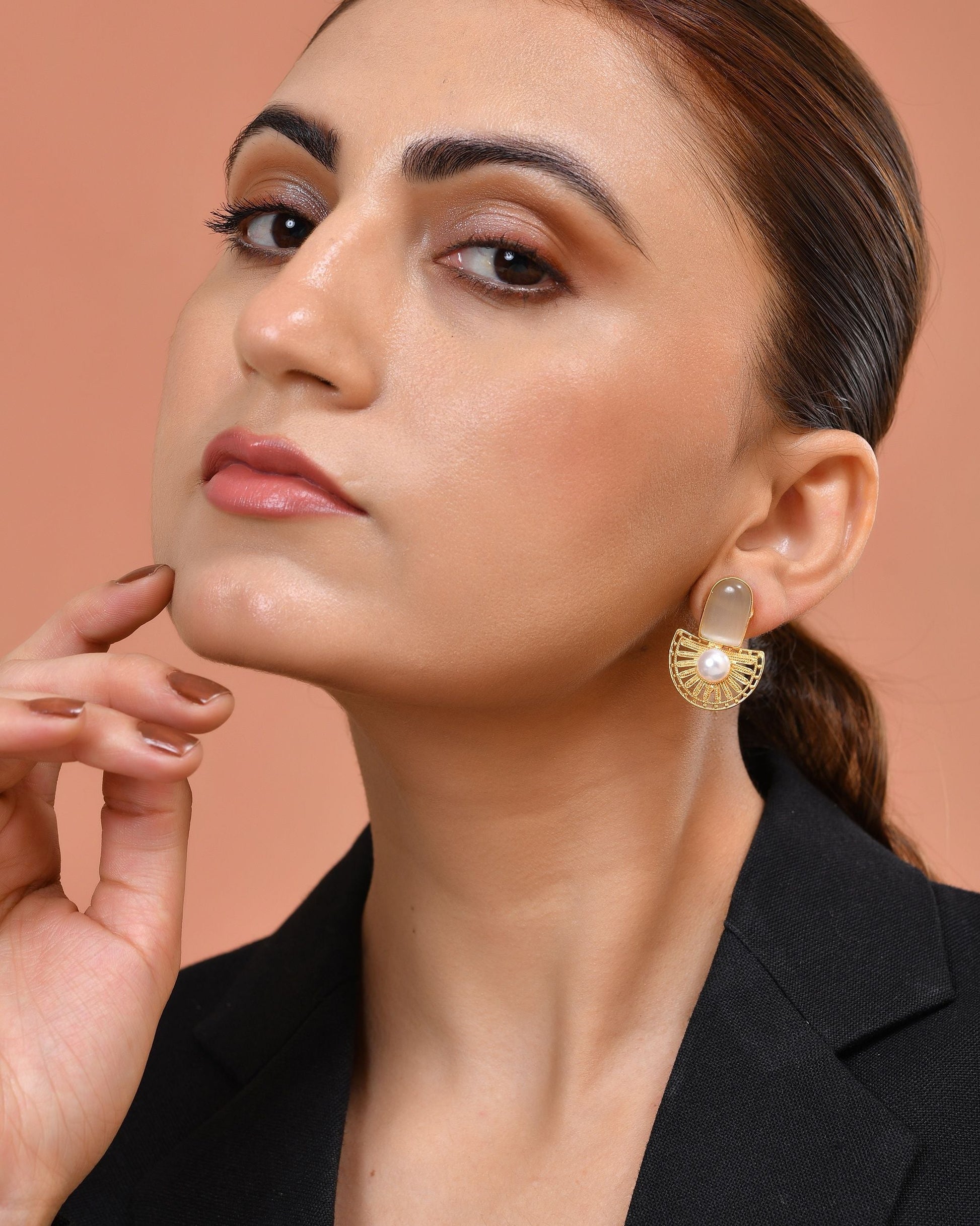 VOJ Gold Plated Off White Stone And Pearl Dome Shaped Studs Earrings  Grab2Buy VOJ Grab2Buy