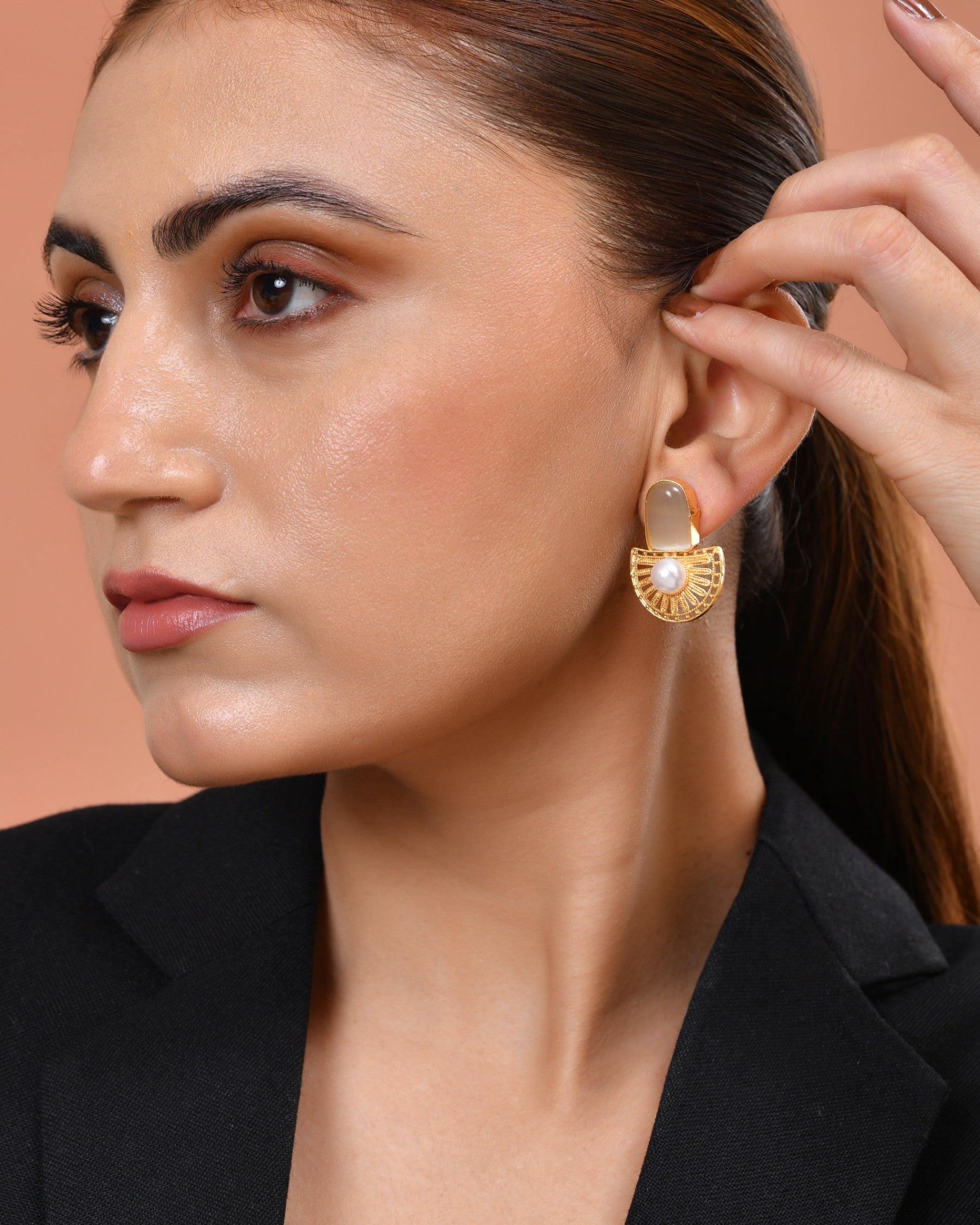 VOJ Gold Plated Off White Stone And Pearl Dome Shaped Studs Earrings  Grab2Buy VOJ Grab2Buy