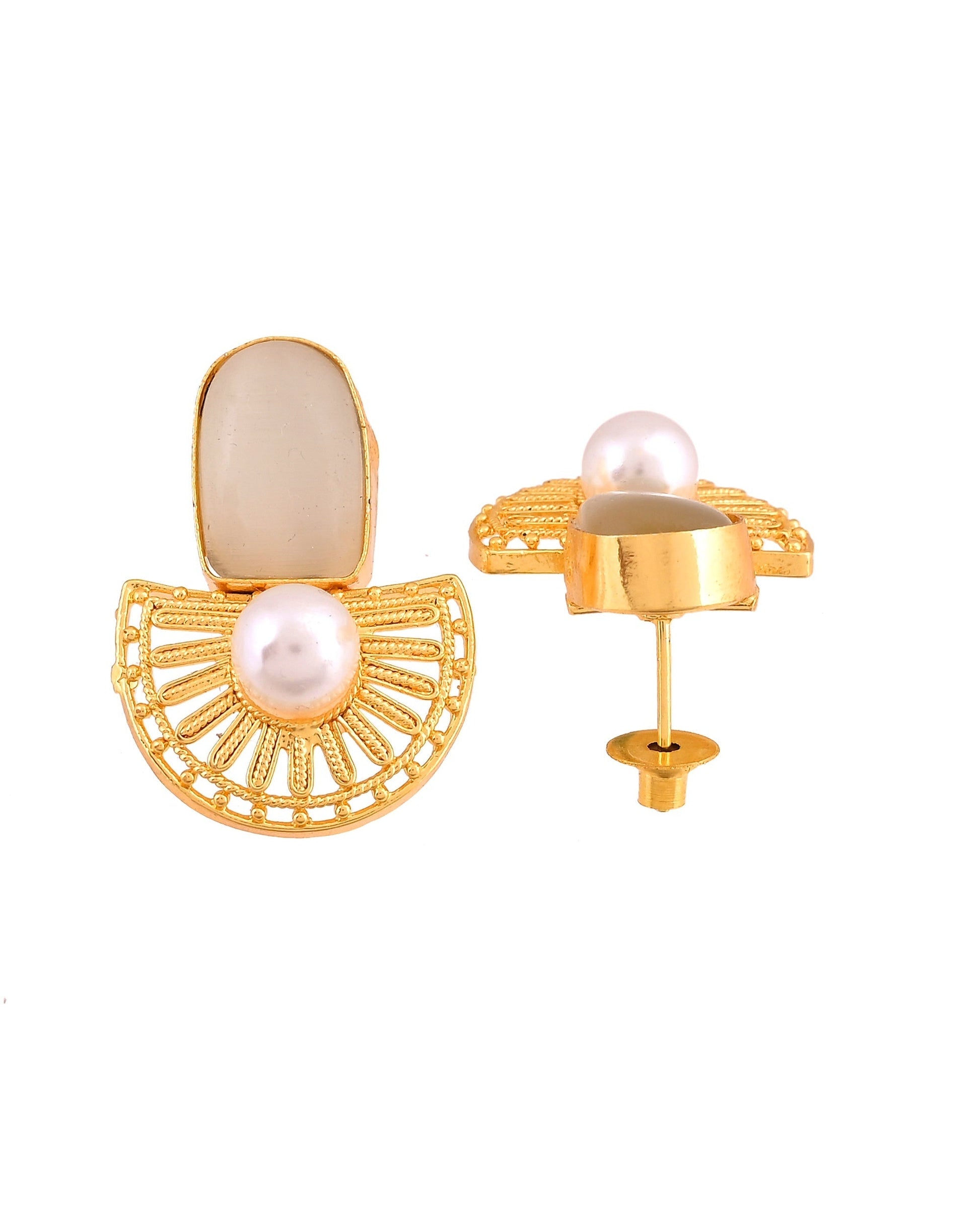 VOJ Gold Plated Off White Stone And Pearl Dome Shaped Studs Earrings  Grab2Buy VOJ Grab2Buy