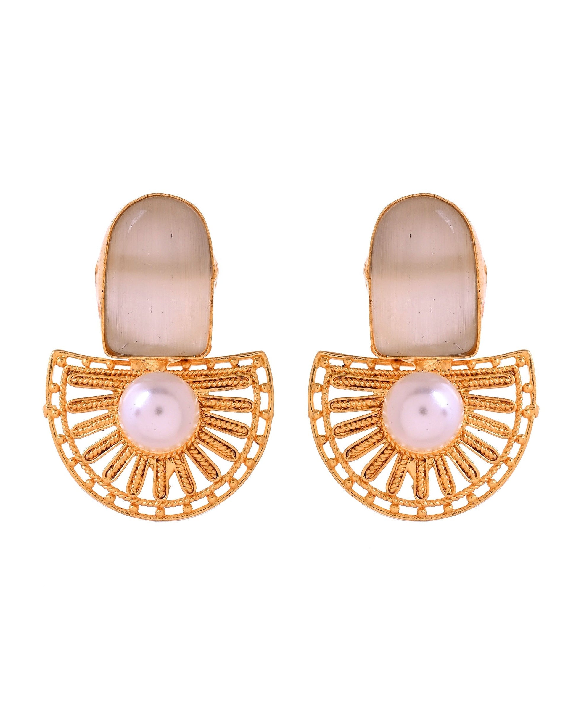 VOJ Gold Plated Off White Stone And Pearl Dome Shaped Studs Earrings  Grab2Buy VOJ Grab2Buy